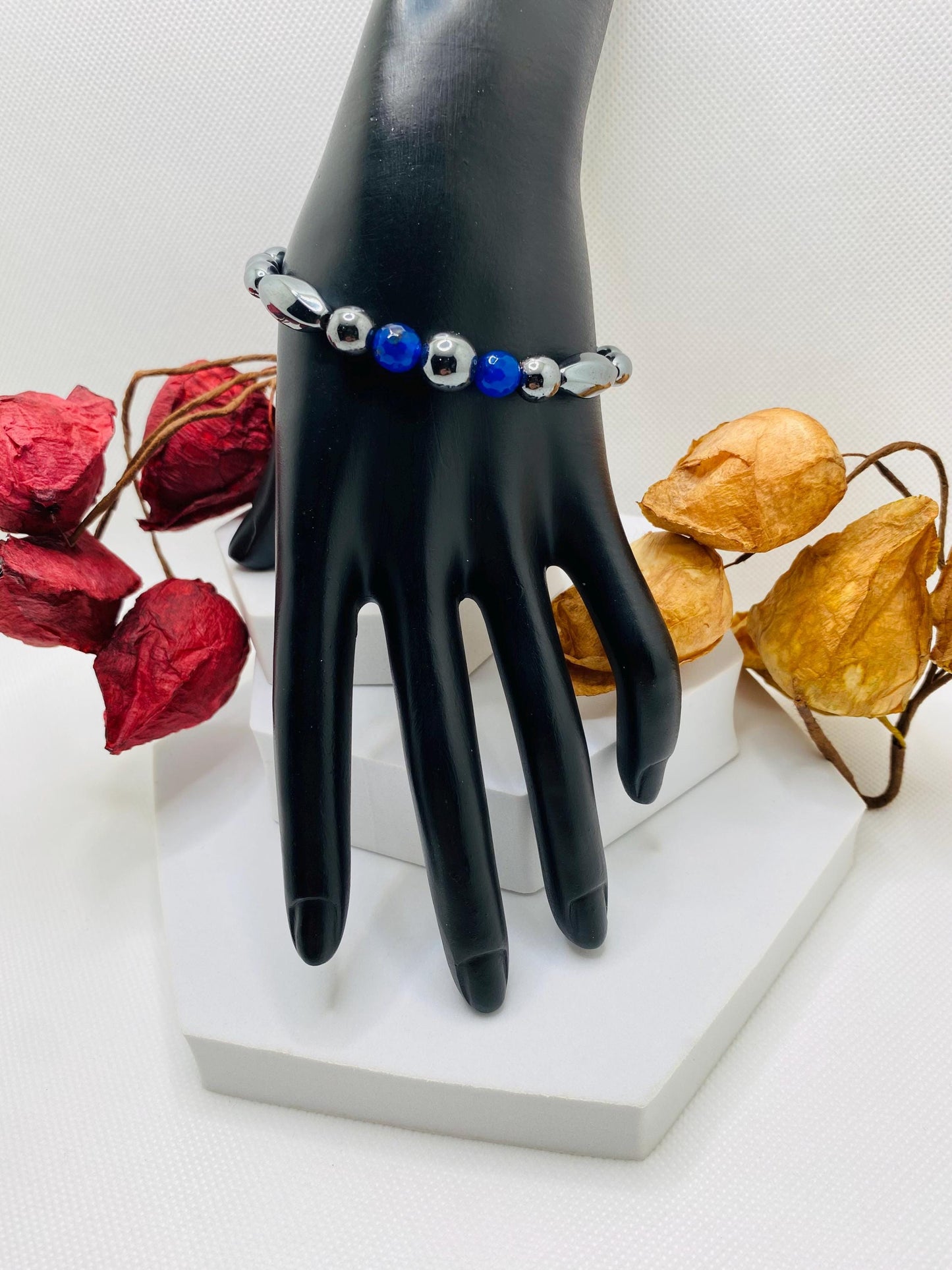 Handmade Jewelry for Men, Womens Jewelry with Hematite and Chalcedony Gemstone Beads, Magnetic Clasp