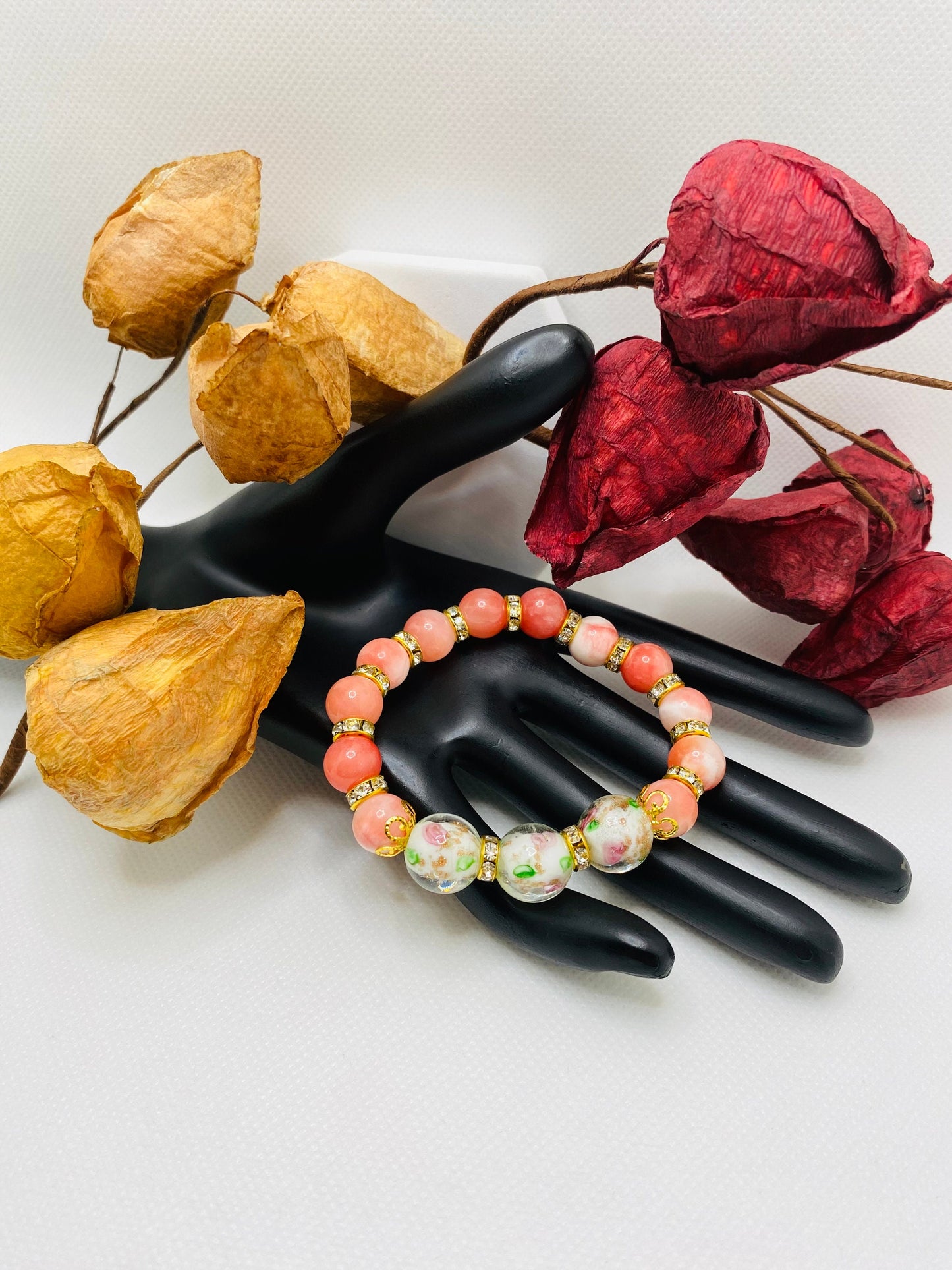 Jade Bracelet: Pink Lampwork Glass Beads, 18k Gold Rondelles