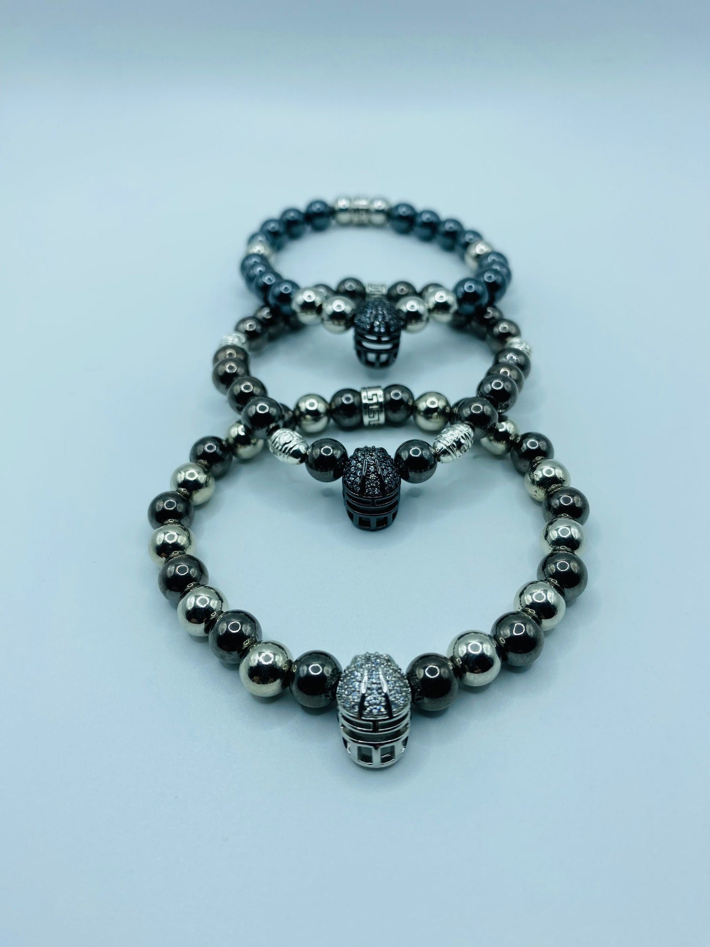 Las Vegas Raiders Bracelet: Hematite Gemstone Beads, CZ Football Helmet