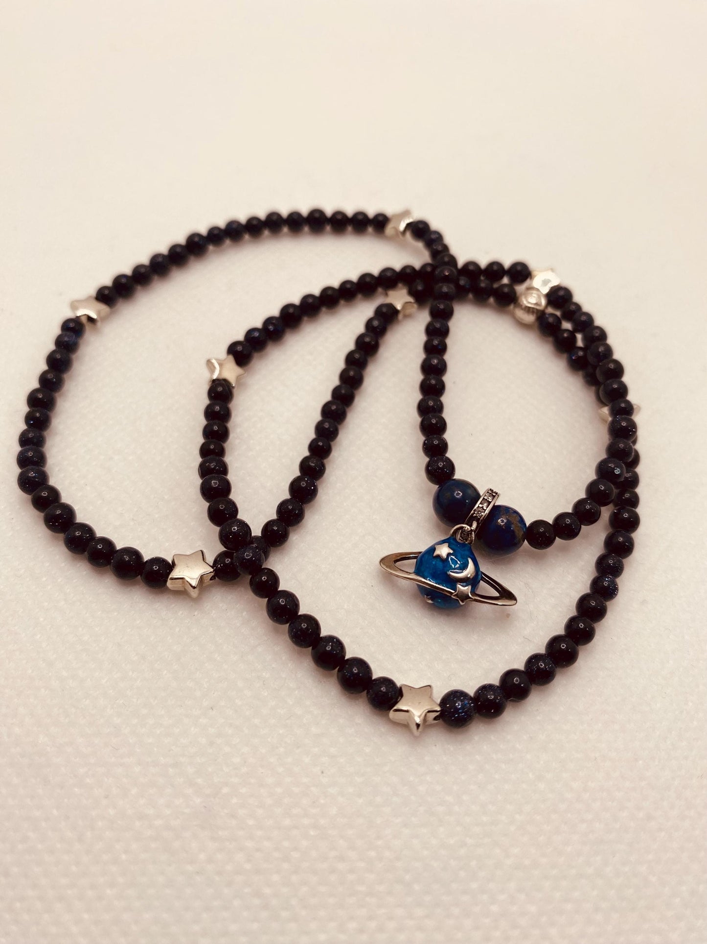 Saturn Necklace: Blue Goldstone Celestial Jewelry