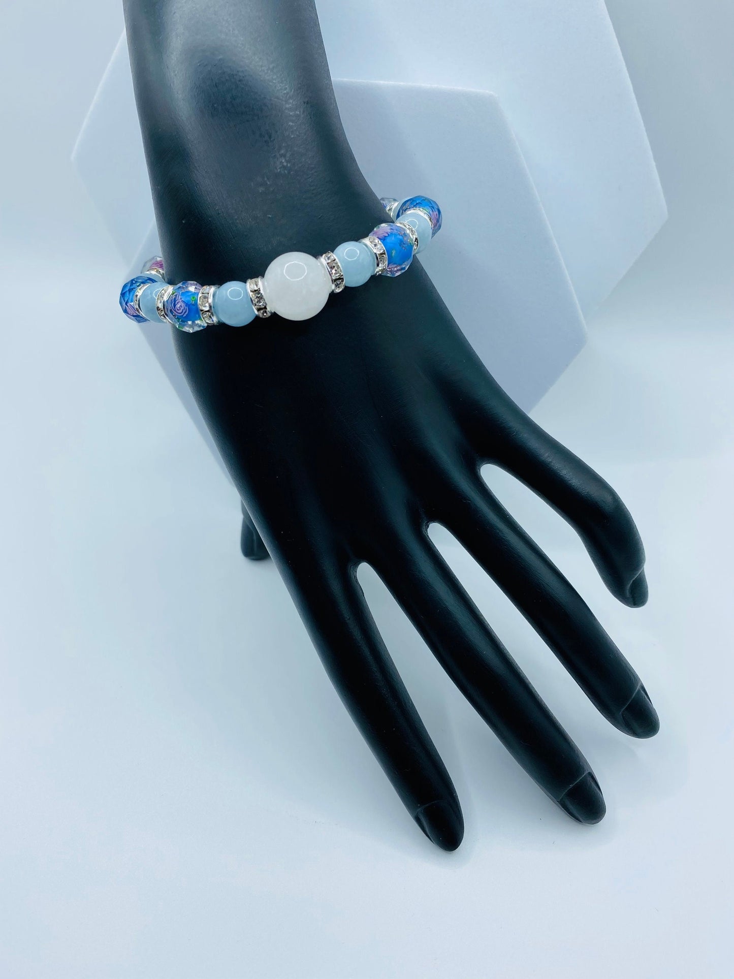 Aquamarine Bracelet: Lampwork Floral Glass Beads, Chalcedony Stone