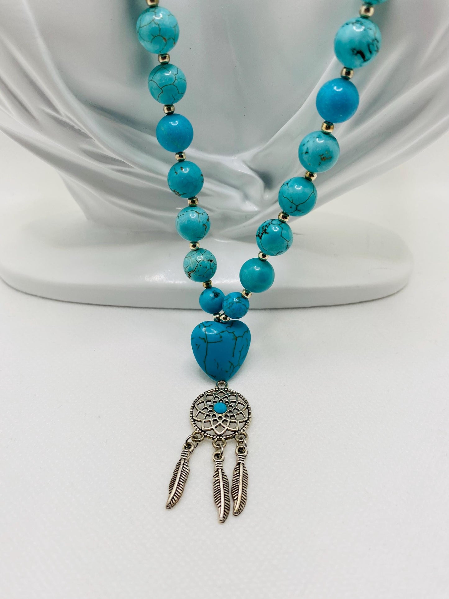 Handmade Turquoise Heart Necklace: Boho Dreamcatcher Pendant