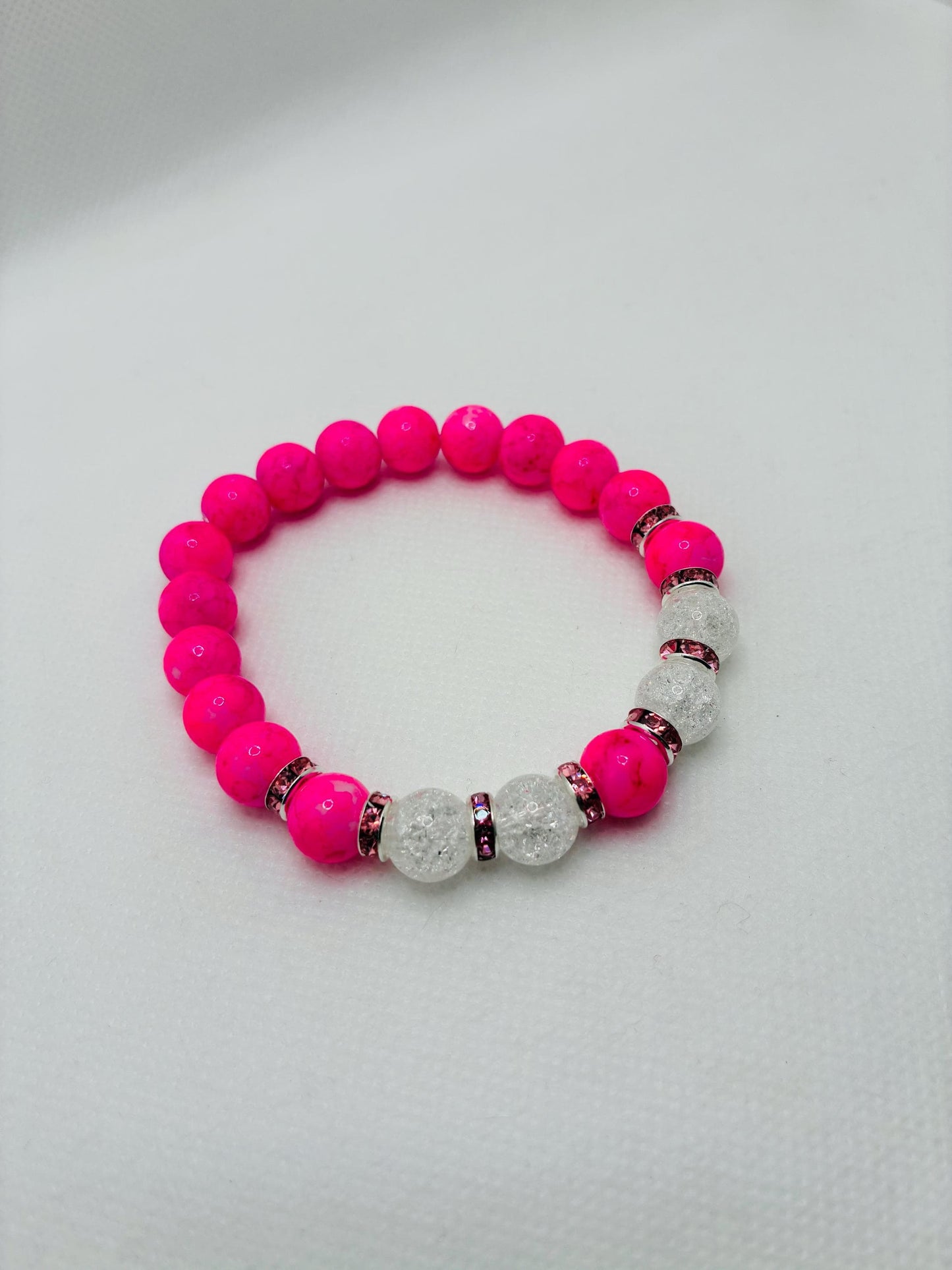 Hot Pink Crystal Glass Bead & Crackle Quartz Bracelet with Silverplated Pink Rhinestone Rondelles
