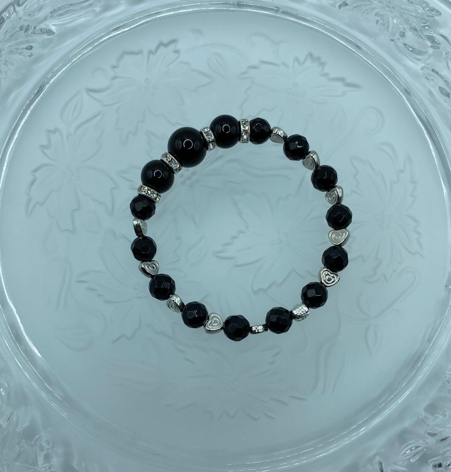 Black Onyx Bracelet: White Gold Heart Charm, Rhinestone Rondelles