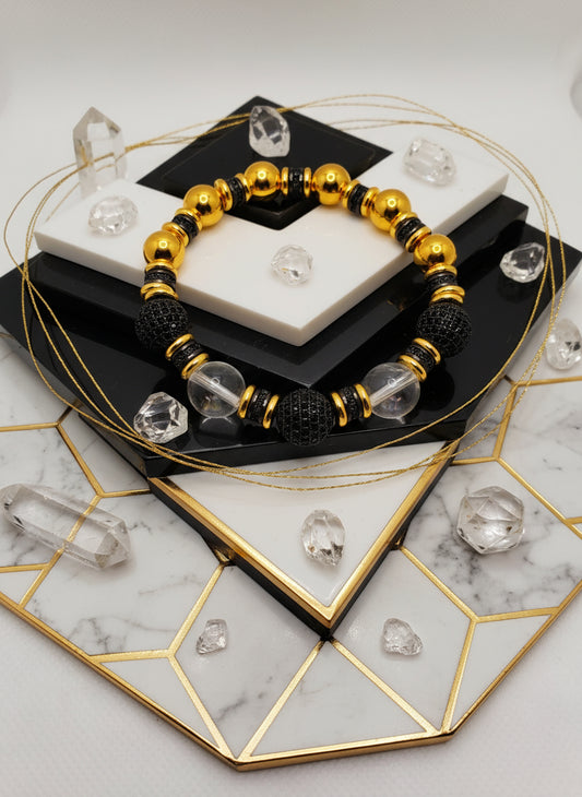Gold Plated Hematite Bracelet: Clear Quartz & Black Zirconia Beads
