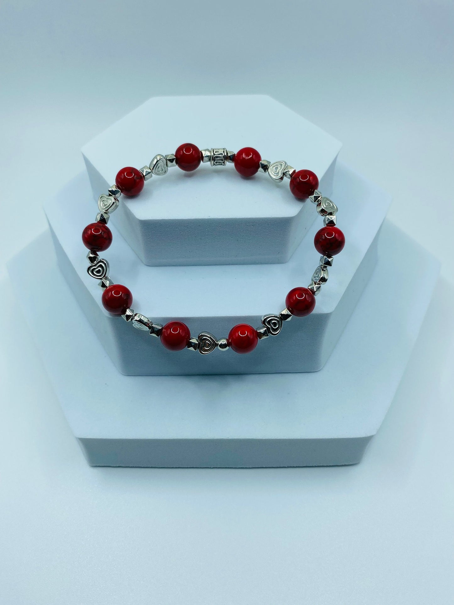 Red Turquoise Bracelet with White Gold Heart Charms