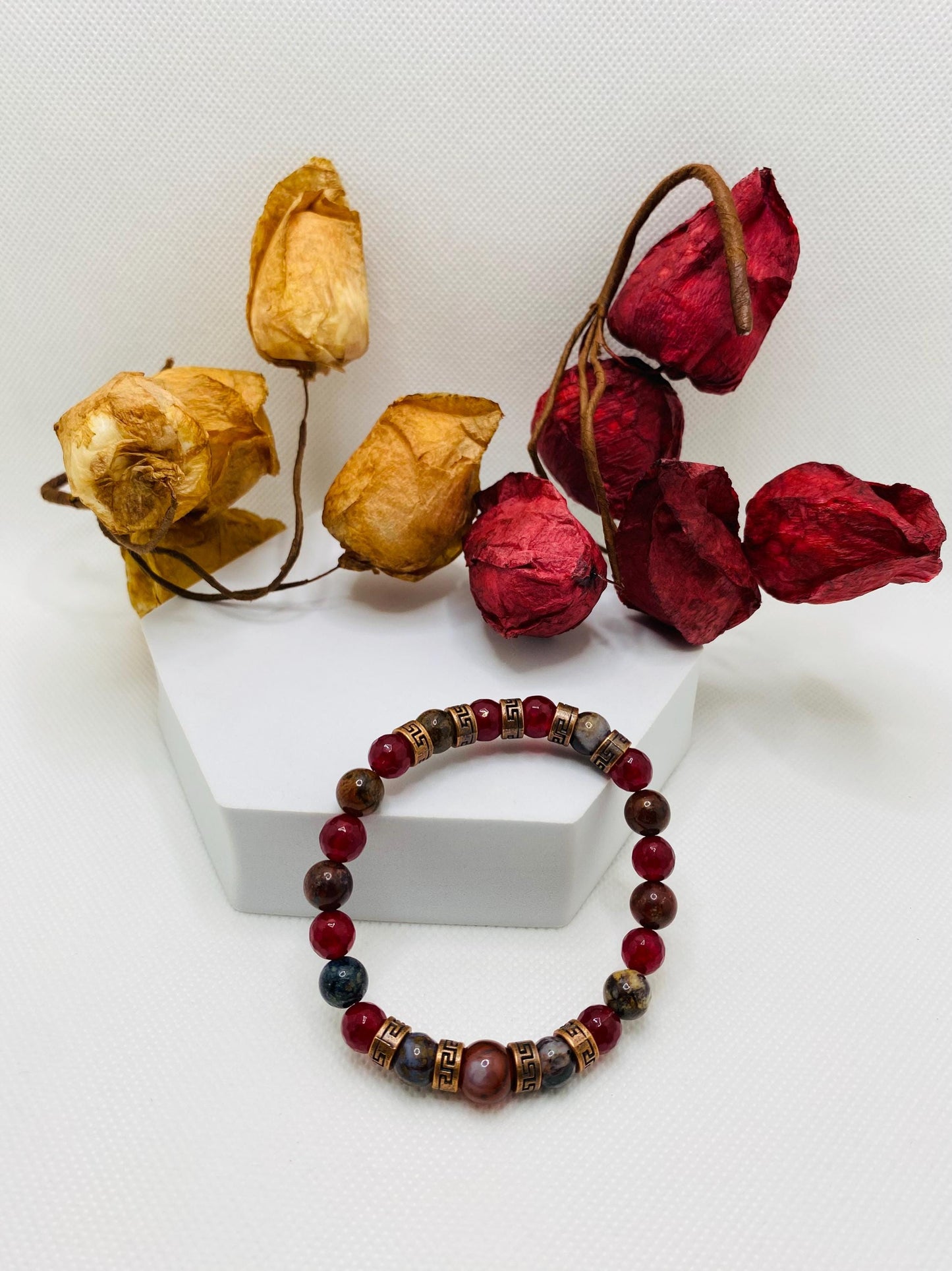 Carnelian Bracelet: Natural Pietersite, Agate, and Tibetan Spacers
