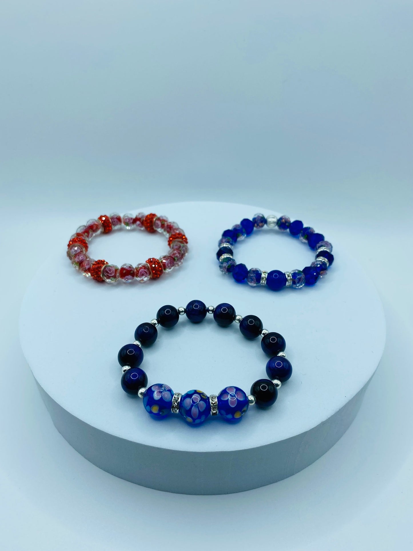 Blue Floral Lampwork Glass Bead Bracelet: Tigers Eye & Hematite