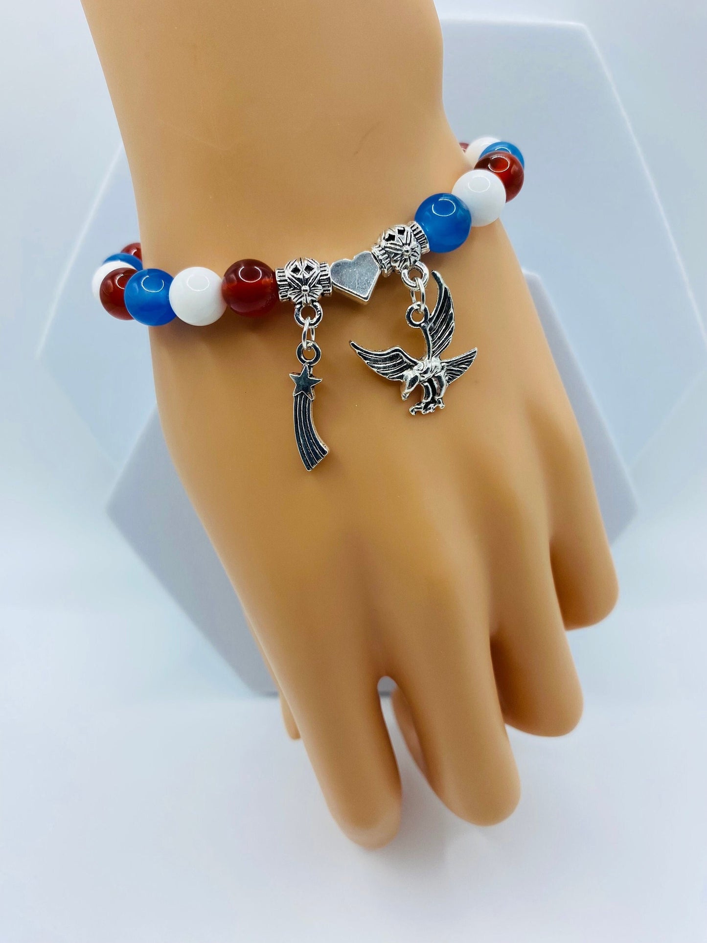 Red White Blue Gemstone Charm Bracelet: Eagle, Star, Heart