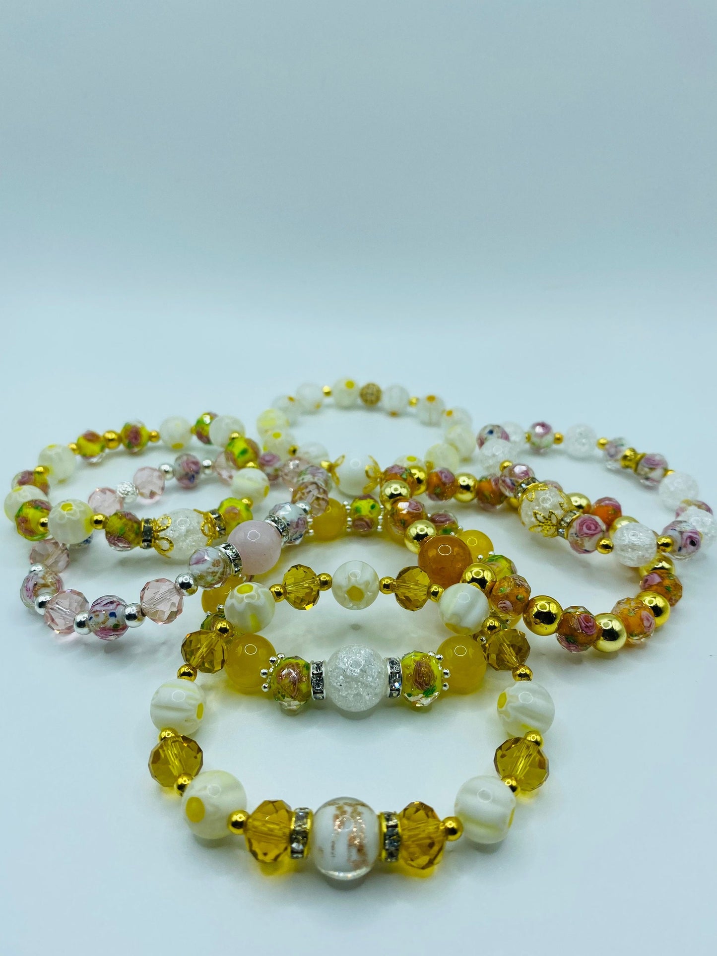 Lampwork Glass Bead Bracelet: Crystal & 18k Gold Hematite