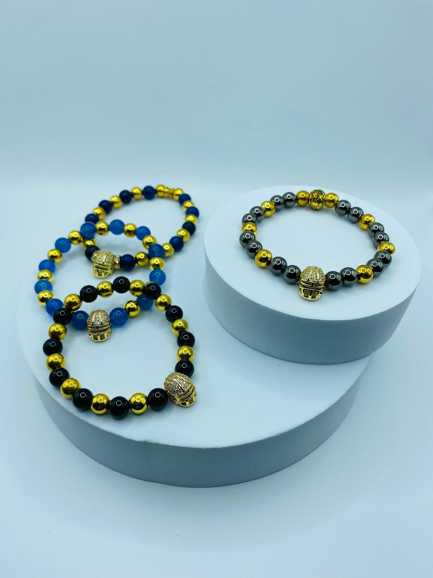 Pittsburgh Steelers Bracelet: 18k Gold Plated Hematite, CZ Football Helmet