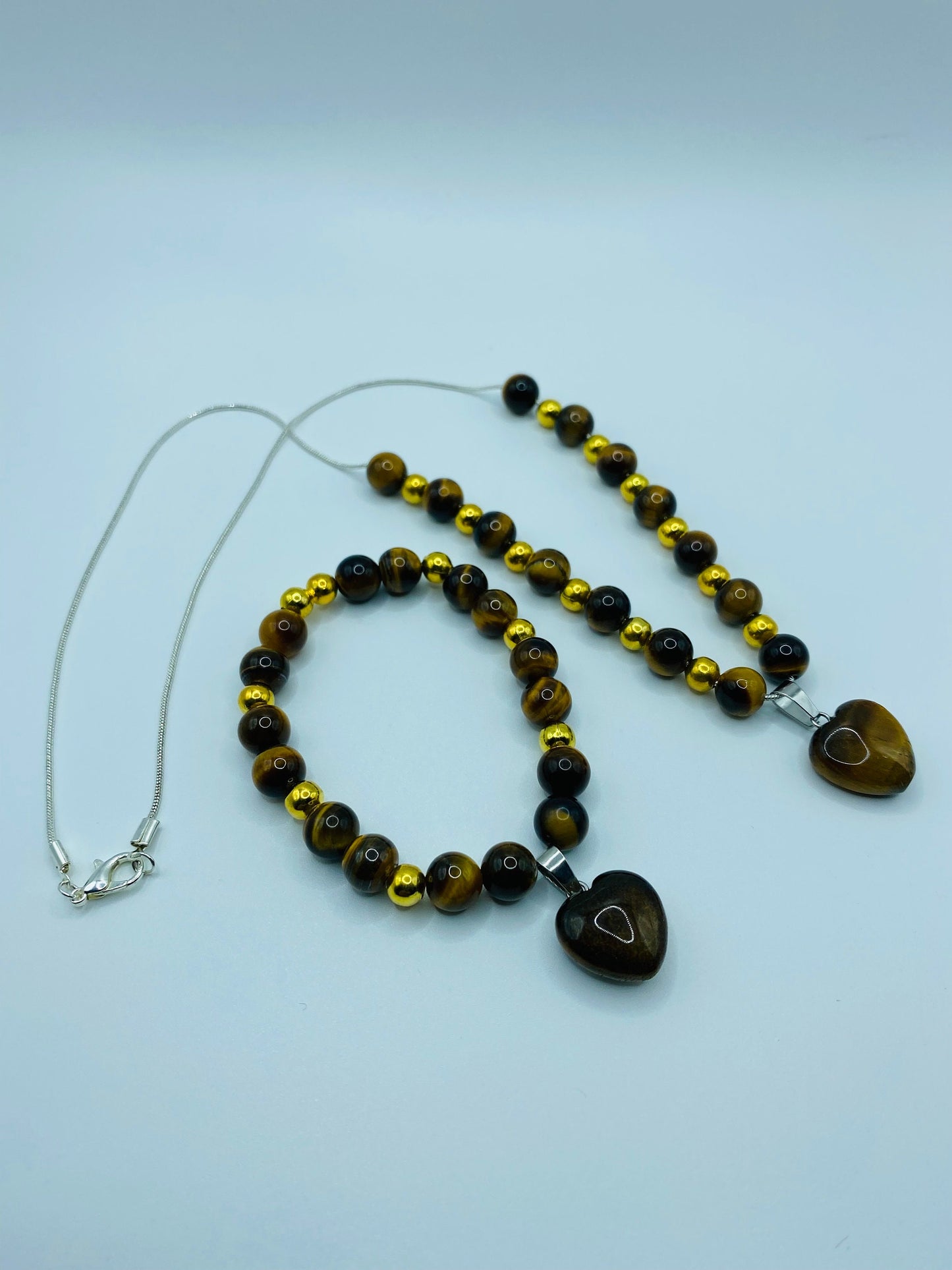 Tiger's Eye Heart Necklace & Bracelet Set: Gold Plated Hematite Beads