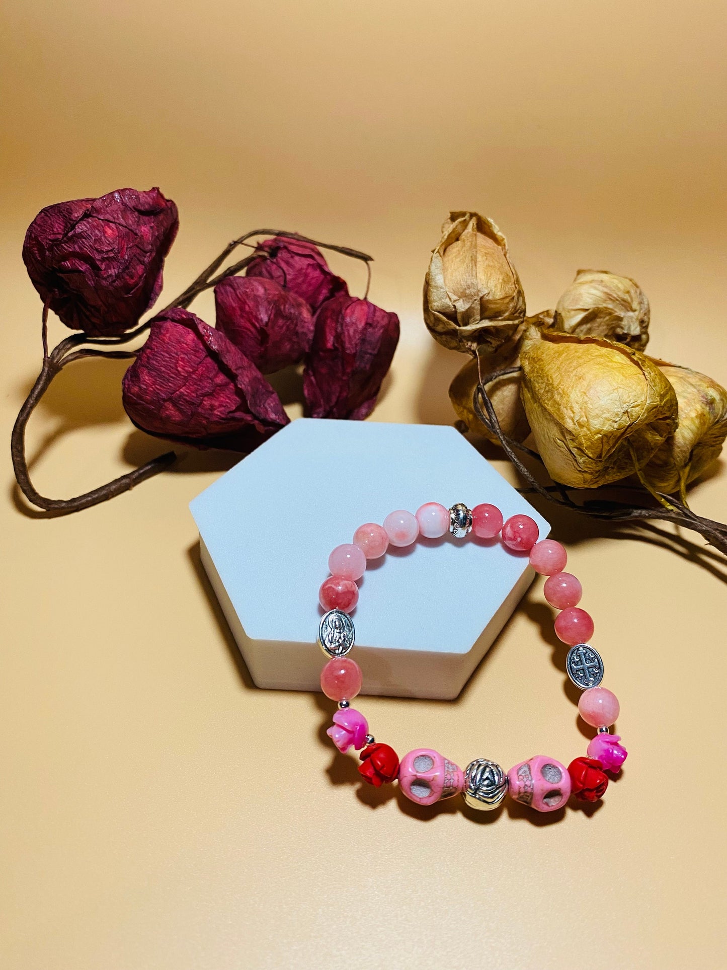 Day of the Dead Religious Jewelry, Jade Bracelet with Skull Beads & Roses, Flower Bracelet