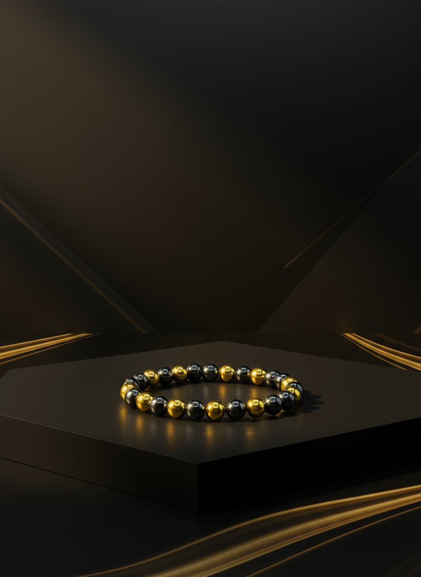 18K Gold Black Hematite Gemstone Bracelet - Enhanced