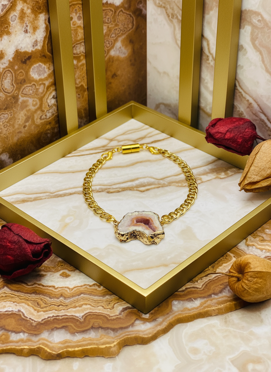 18K Gold Cuban Link Geode Agate Bracelet - Enhanced