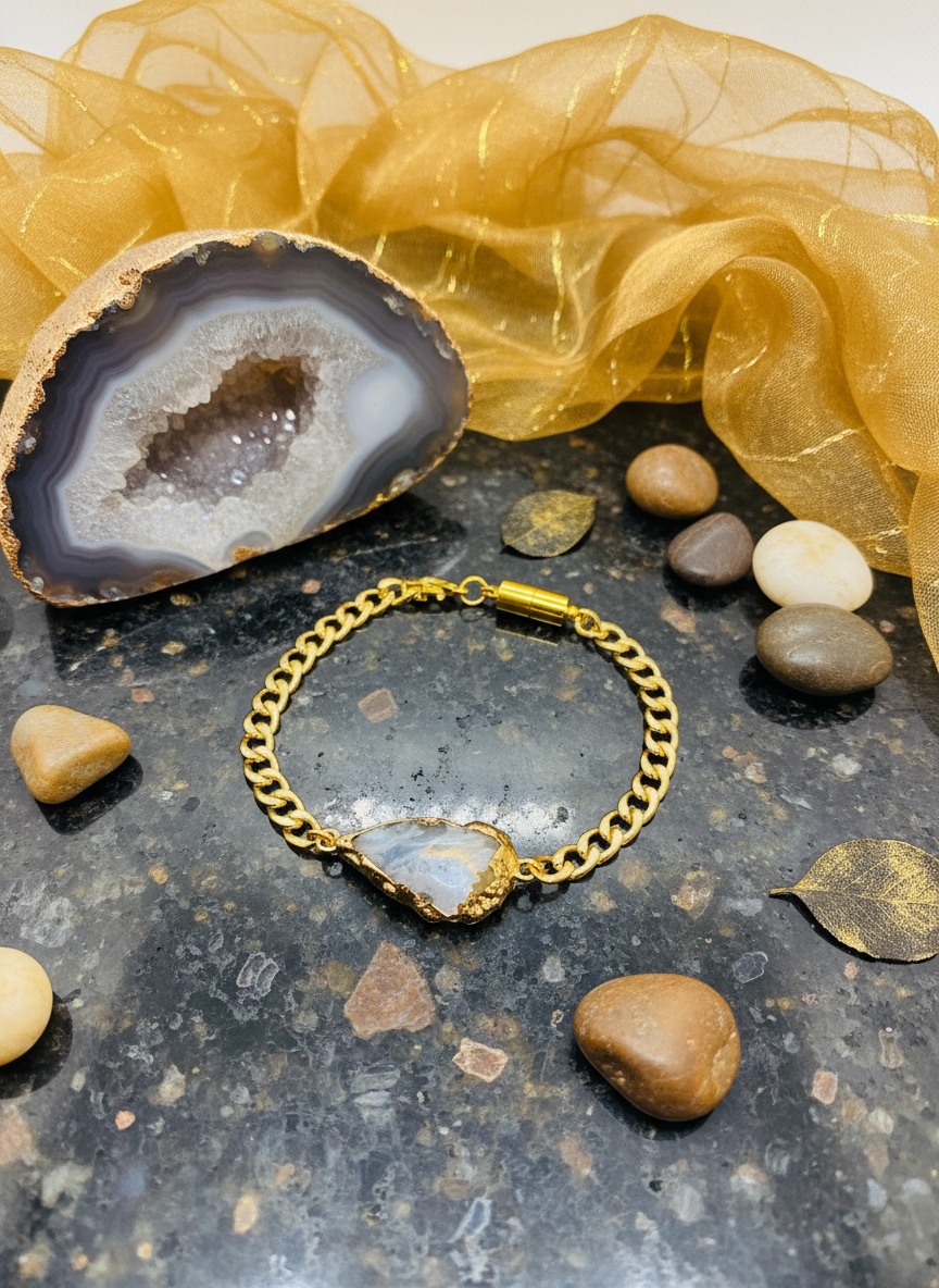 18K Gold Plated Cuban Link Geode Agate Bracelet - Enhanced