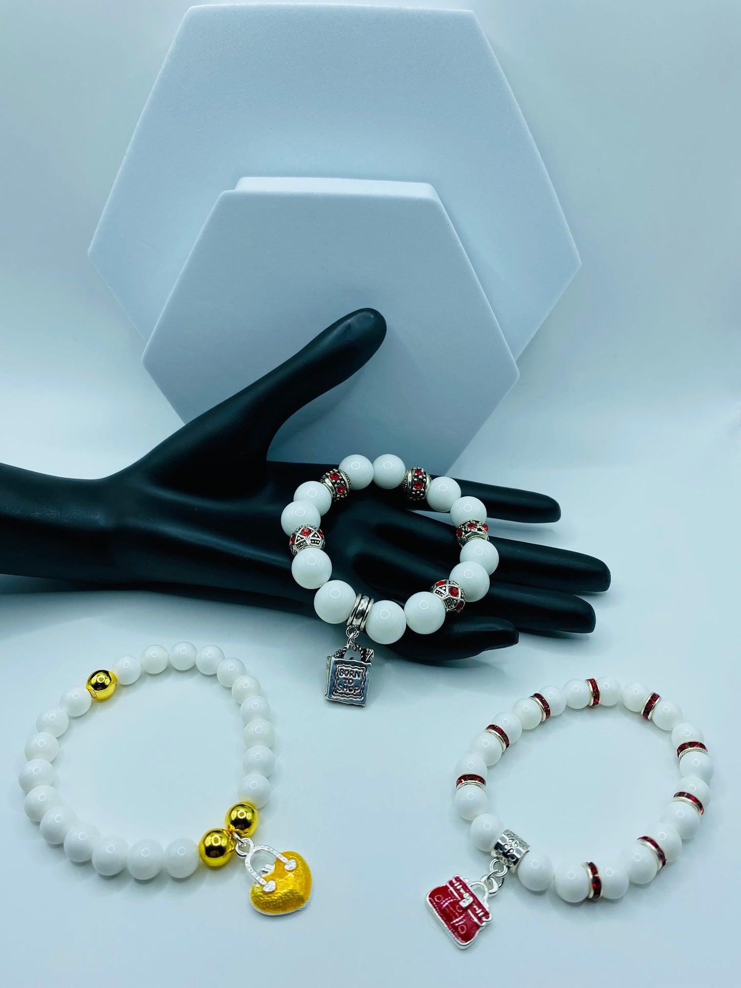 Porcelain Charm Bracelet: Red Rhinestone Handbag Pendant, Antique Silver