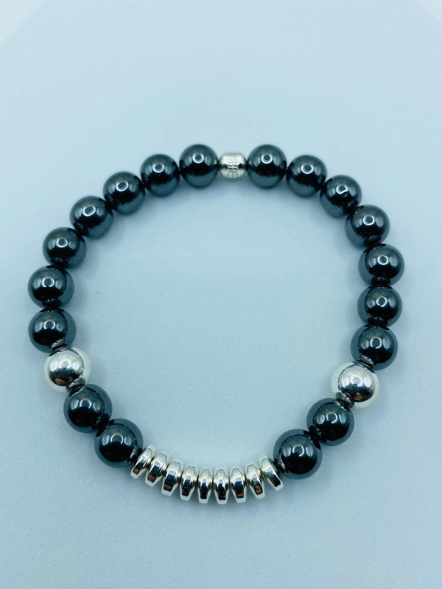 Mens Hematite Beaded Bracelet: Silver Plated Gemstone Jewelry