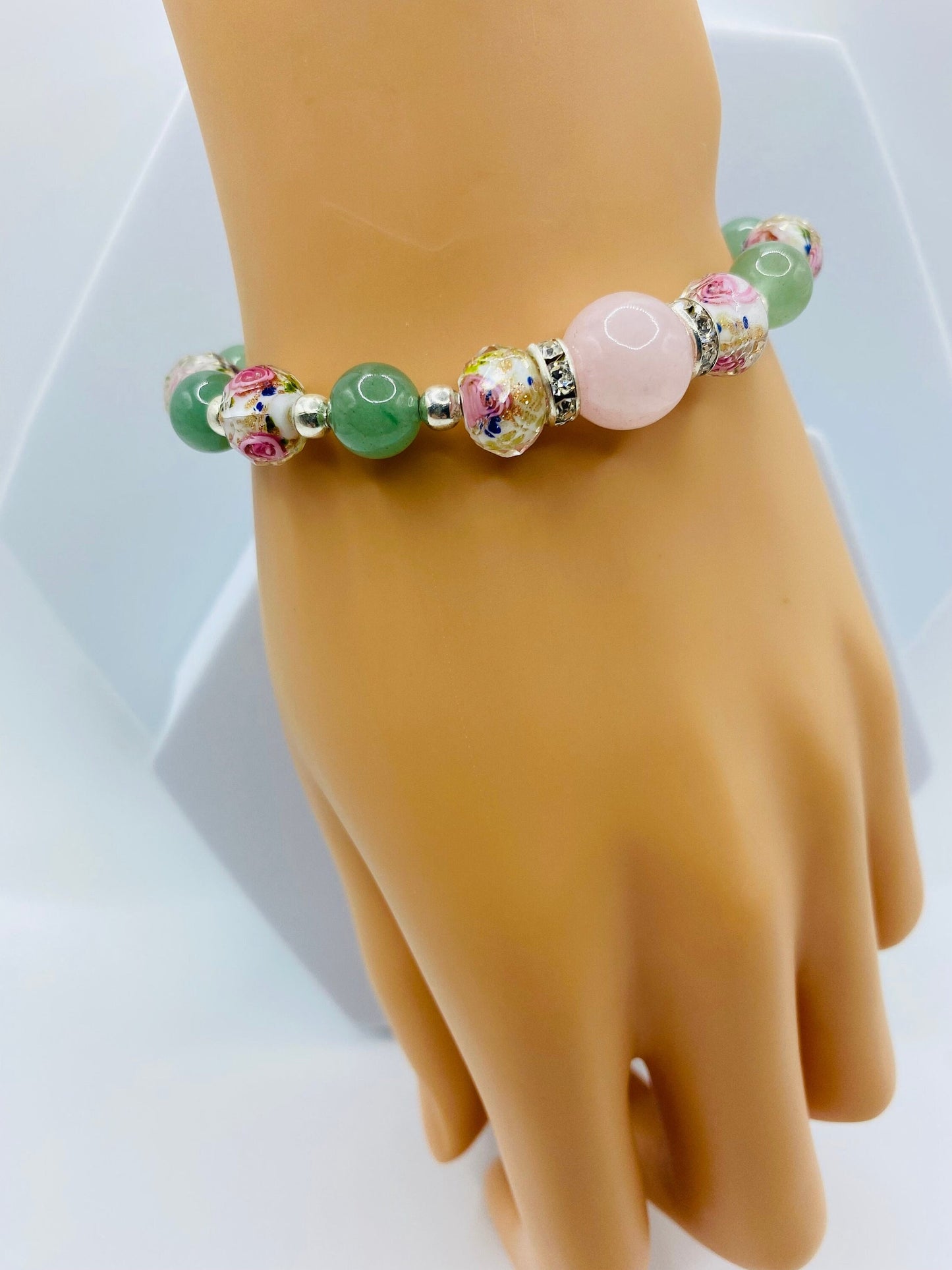 Rose Quartz Bracelet with Green Aventurine & Lampwork Glass Beads - Hematite Gemstone Bracelet