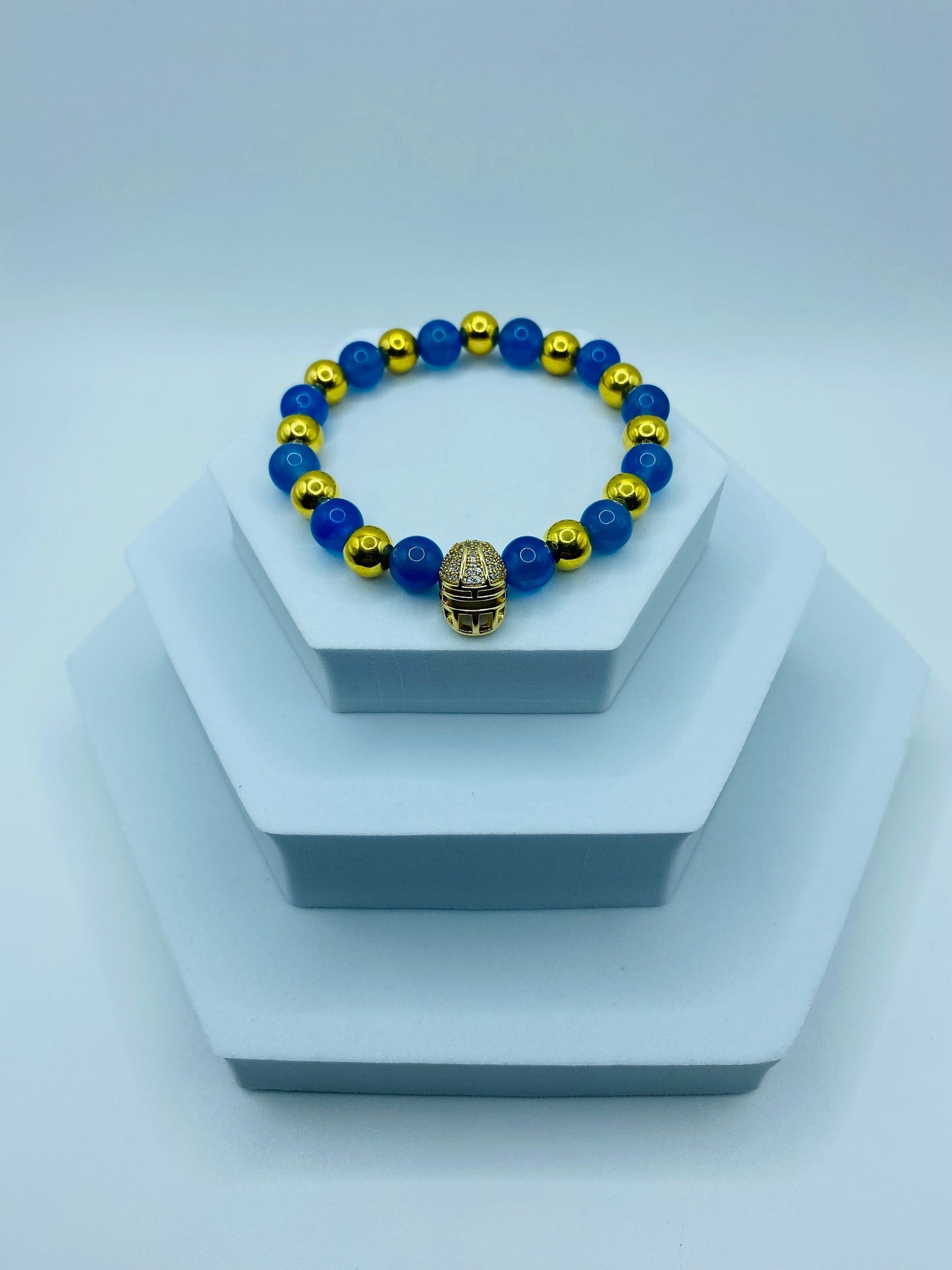 UCLA Football Bracelet: Blue Agate, Gold Helmet Charm