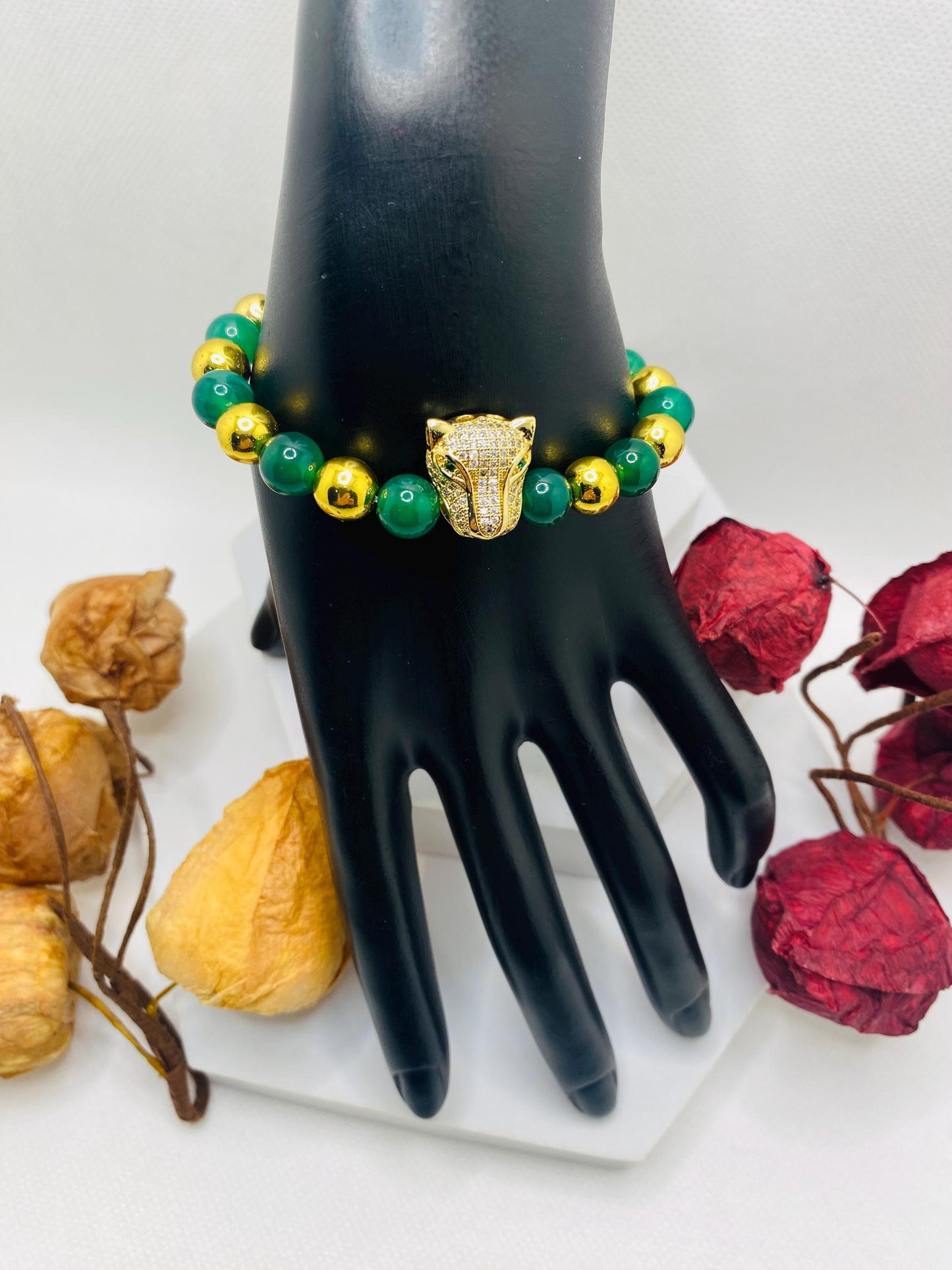 Jade & Hematite Bracelet: Gold CZ Panther Bead, Handmade