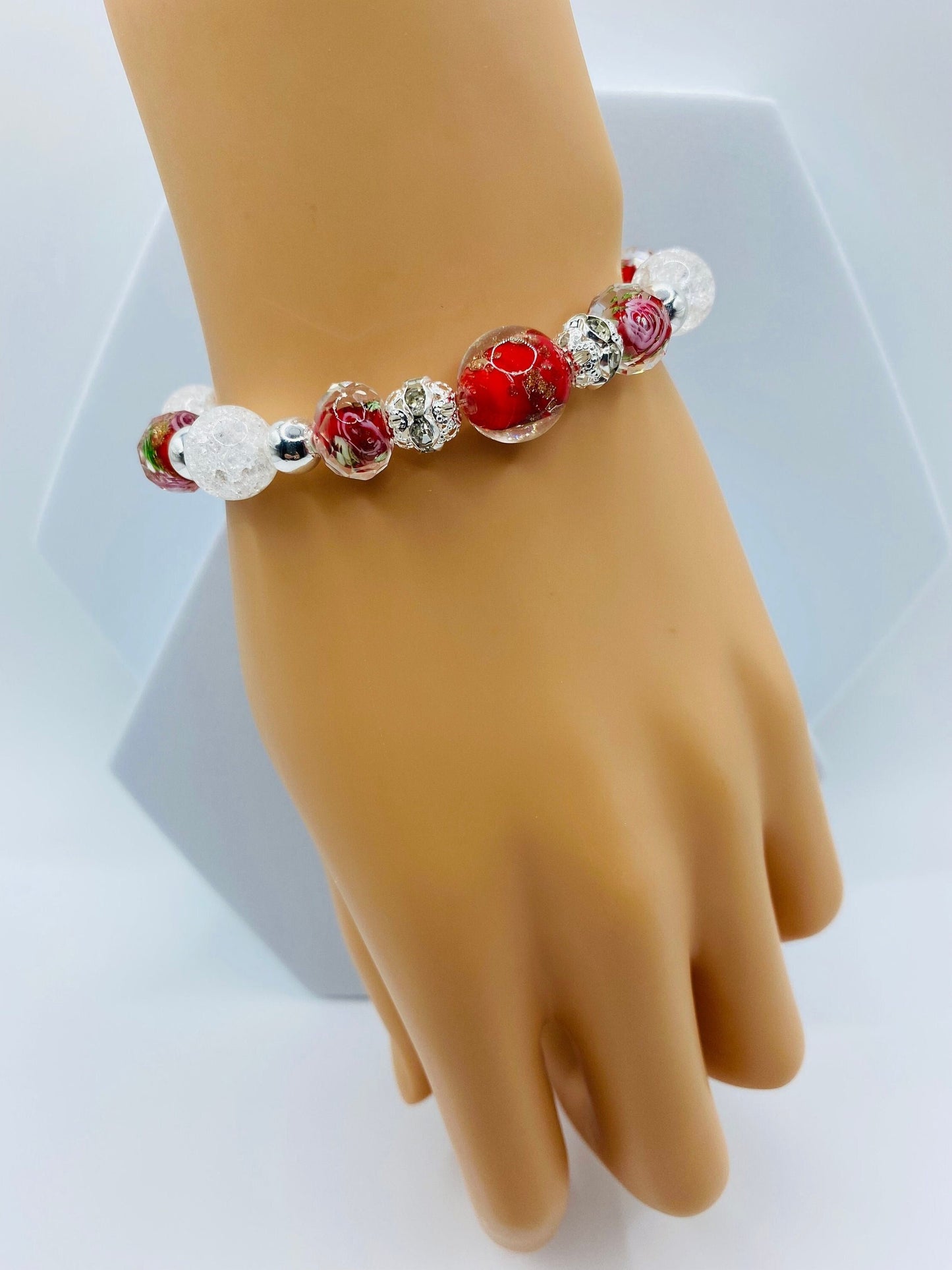 Lampwork Floral Glass Bead Bracelet: Crystal Quartz & Hematite