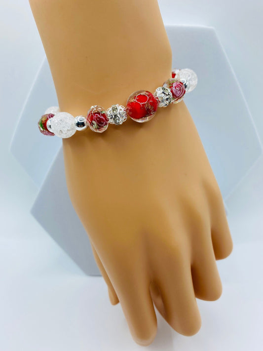 Lampwork Floral Glass Bead Bracelet: Crystal Quartz & Hematite
