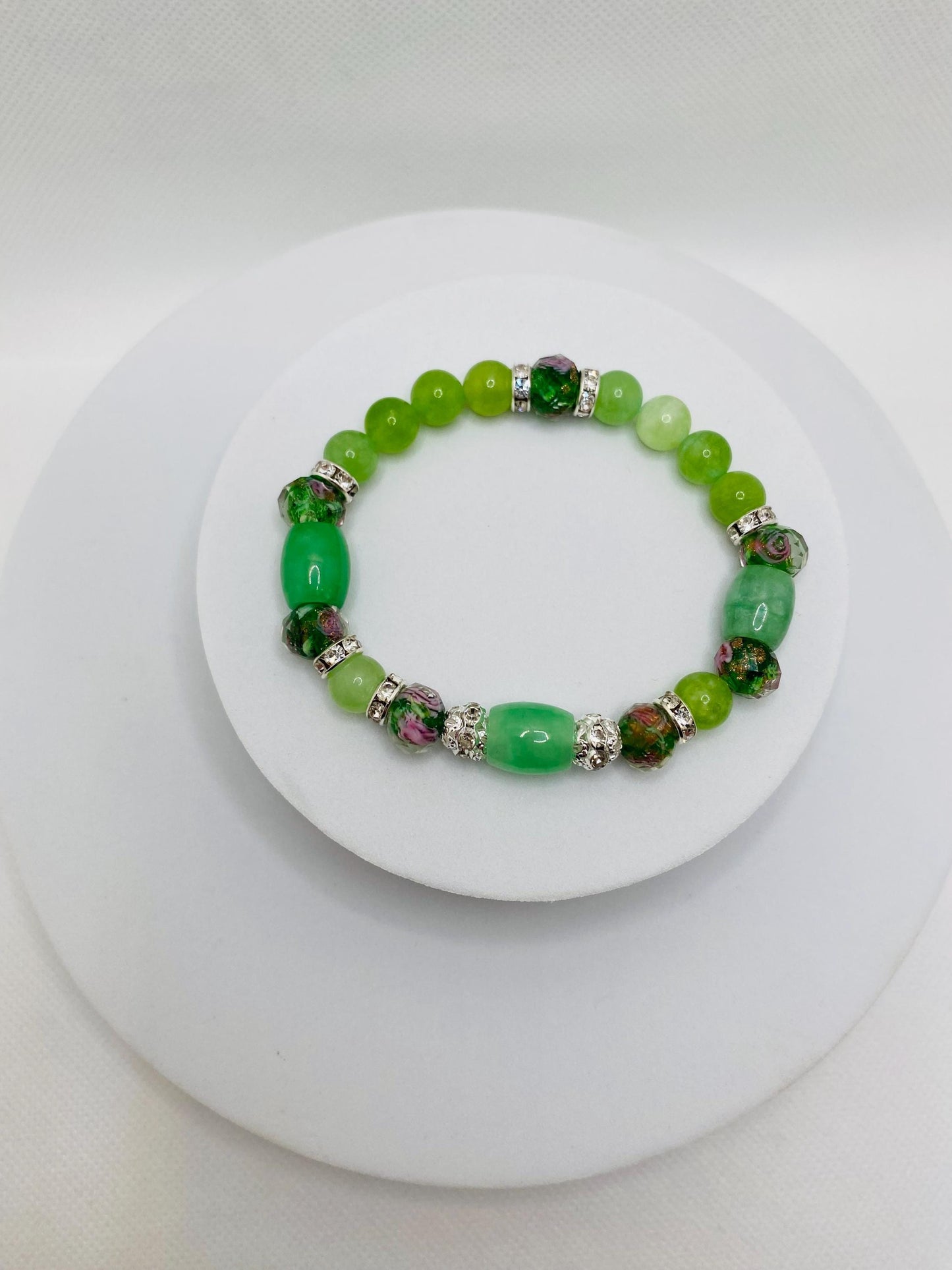 Peridot Bracelet: Green Lampwork Glass Beads, Silver Rhinestone Accents