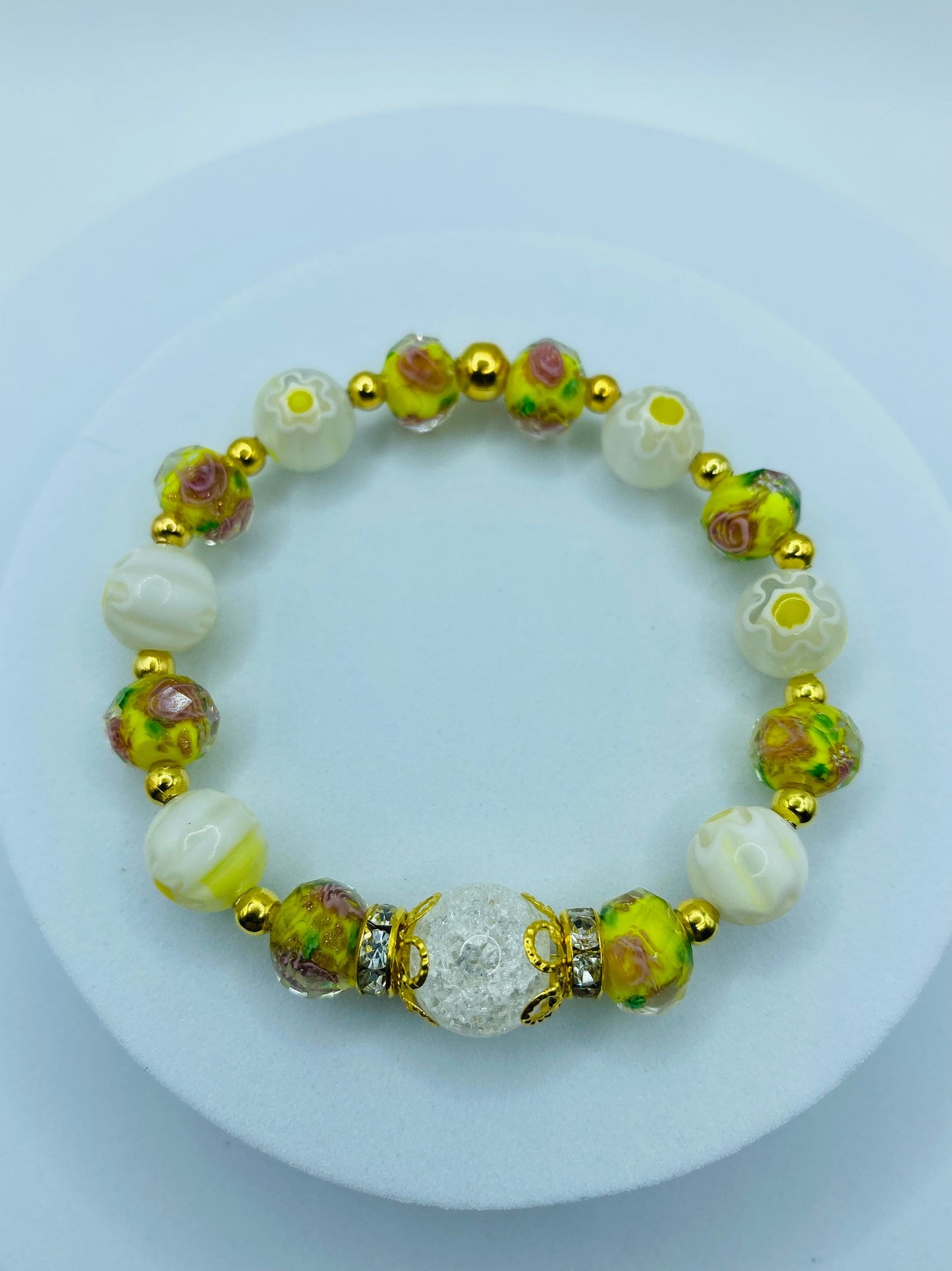 Lampwork Glass Bead Bracelet: Boho Floral Jewelry, Gold Hematite Accent