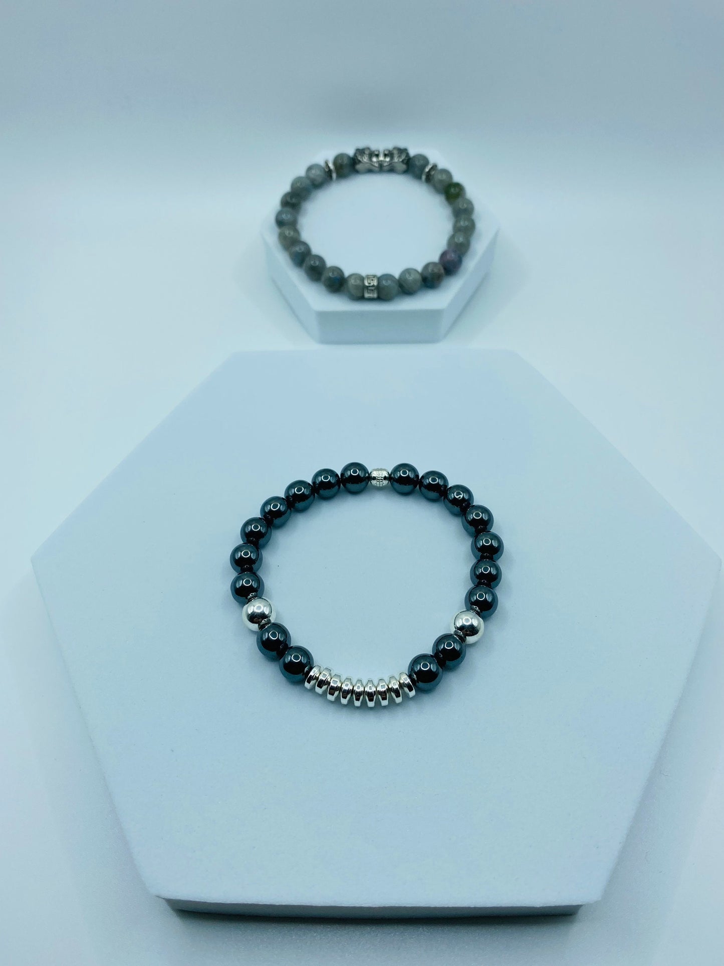 Mens Hematite Beaded Bracelet: Silver Plated Gemstone Jewelry