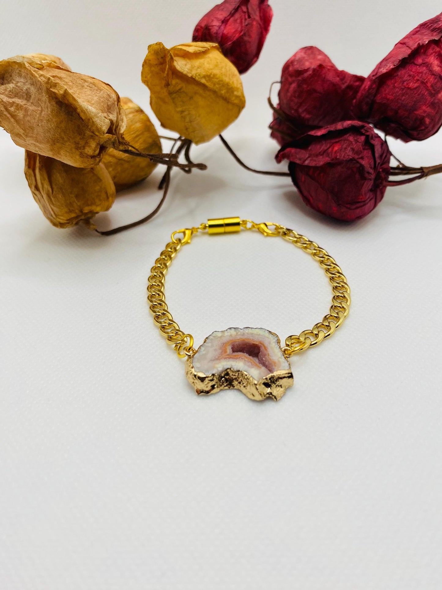 Handmade 18k Gold Cuban Link Bracelet: Geode Agate Gemstone, Magnetic Clasp