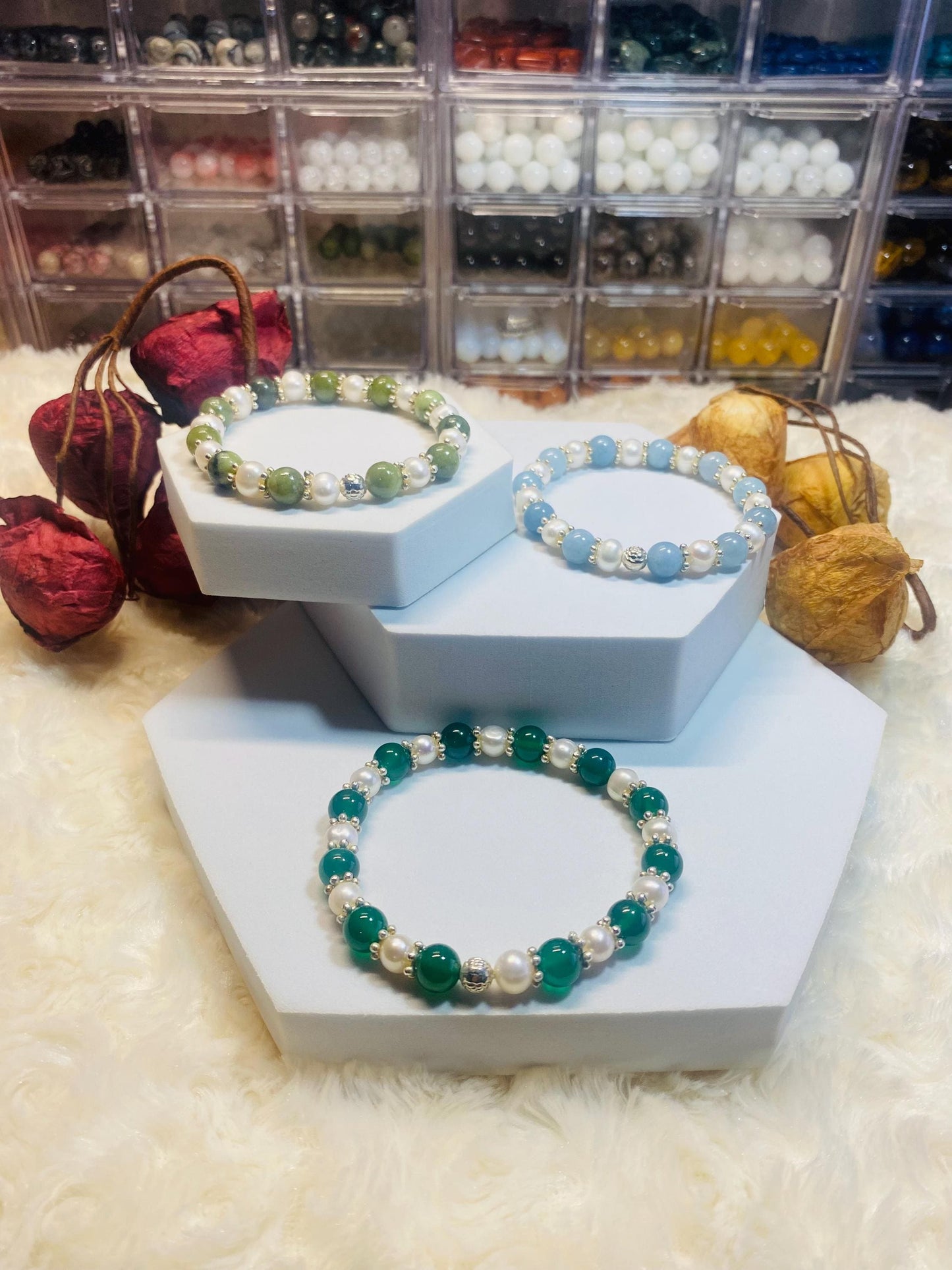 Handmade Baroque Pearl Bracelet Set: Jade & Agate Gemstone Beads