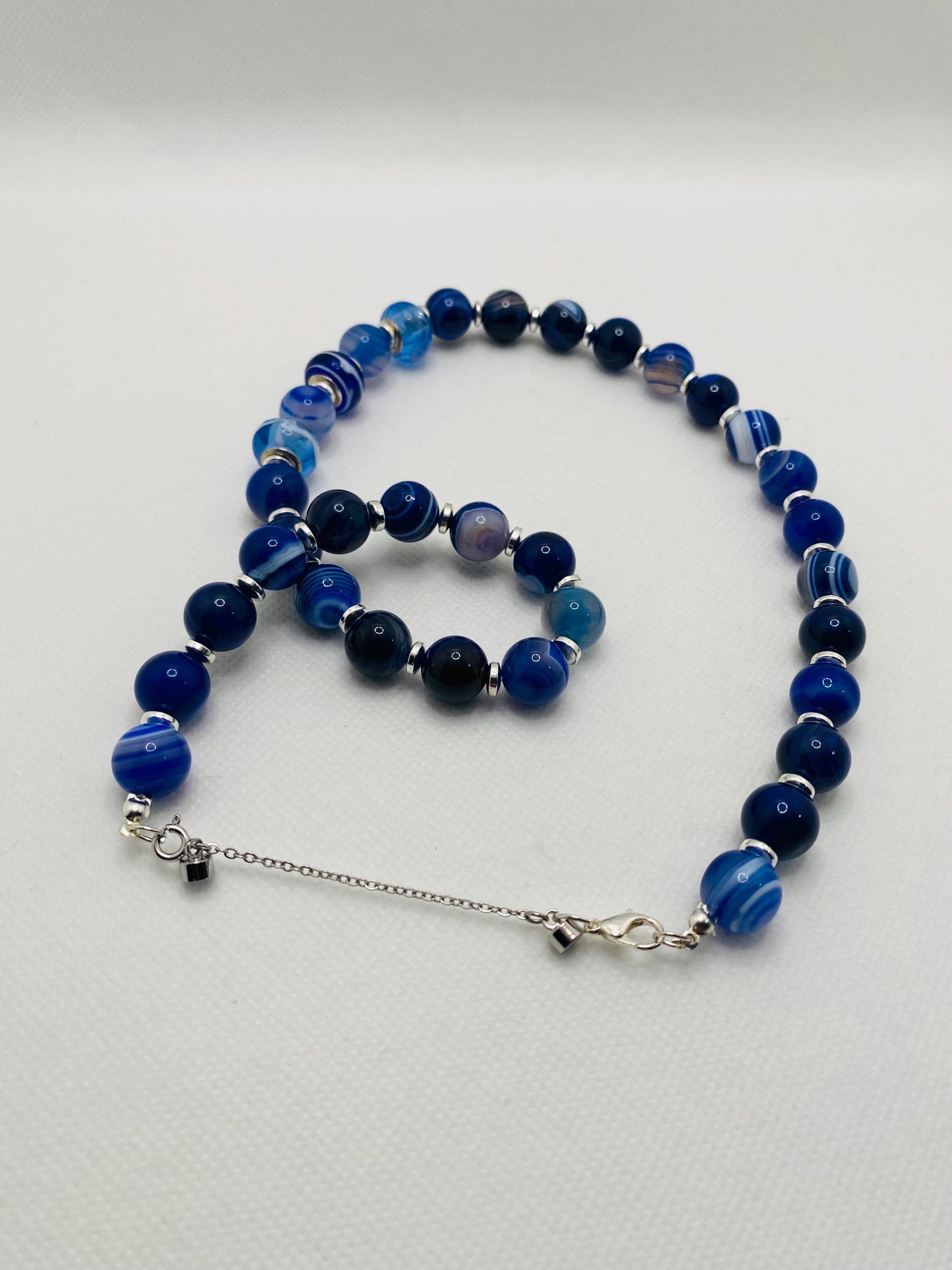 Blue Lace Agate Gemstone Necklace: Silverplated Hematite Rondelle Spacers