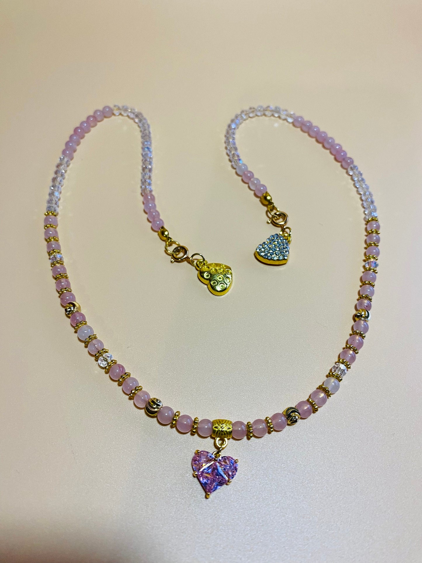 Pink Crystal Heart Pendant Necklace: Rose Quartz & Glass Beads