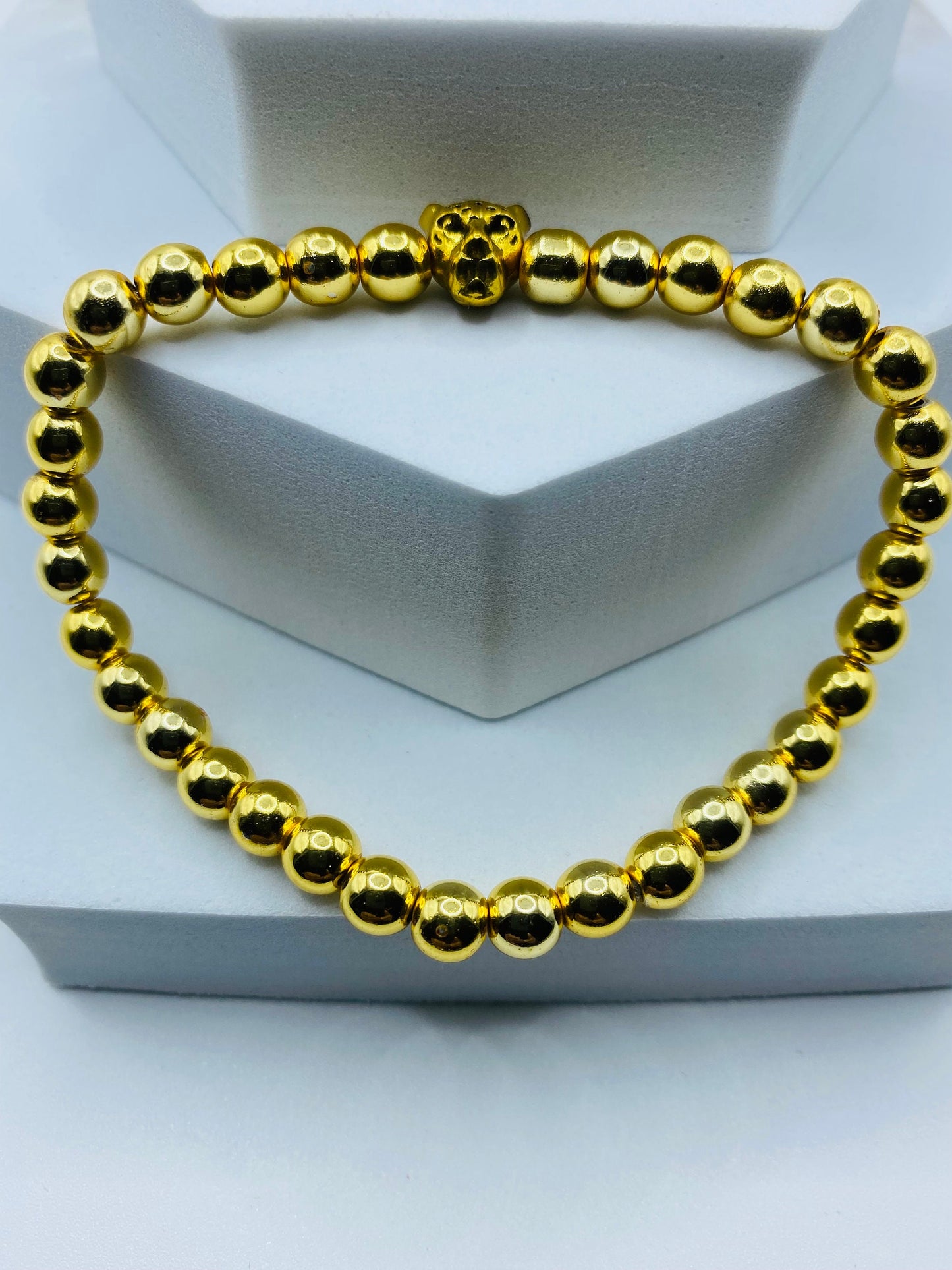 18K Gold Plated Tennis Bracelet: Hematite Beads & Leopard Charm