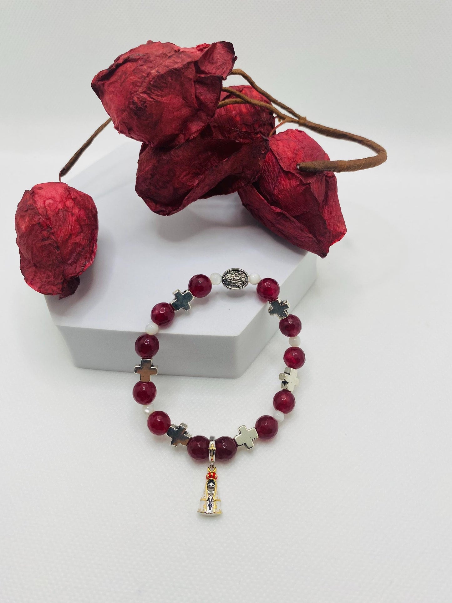 Carnelian Rosary Bracelet: Mary of Nazareth Cross Charm