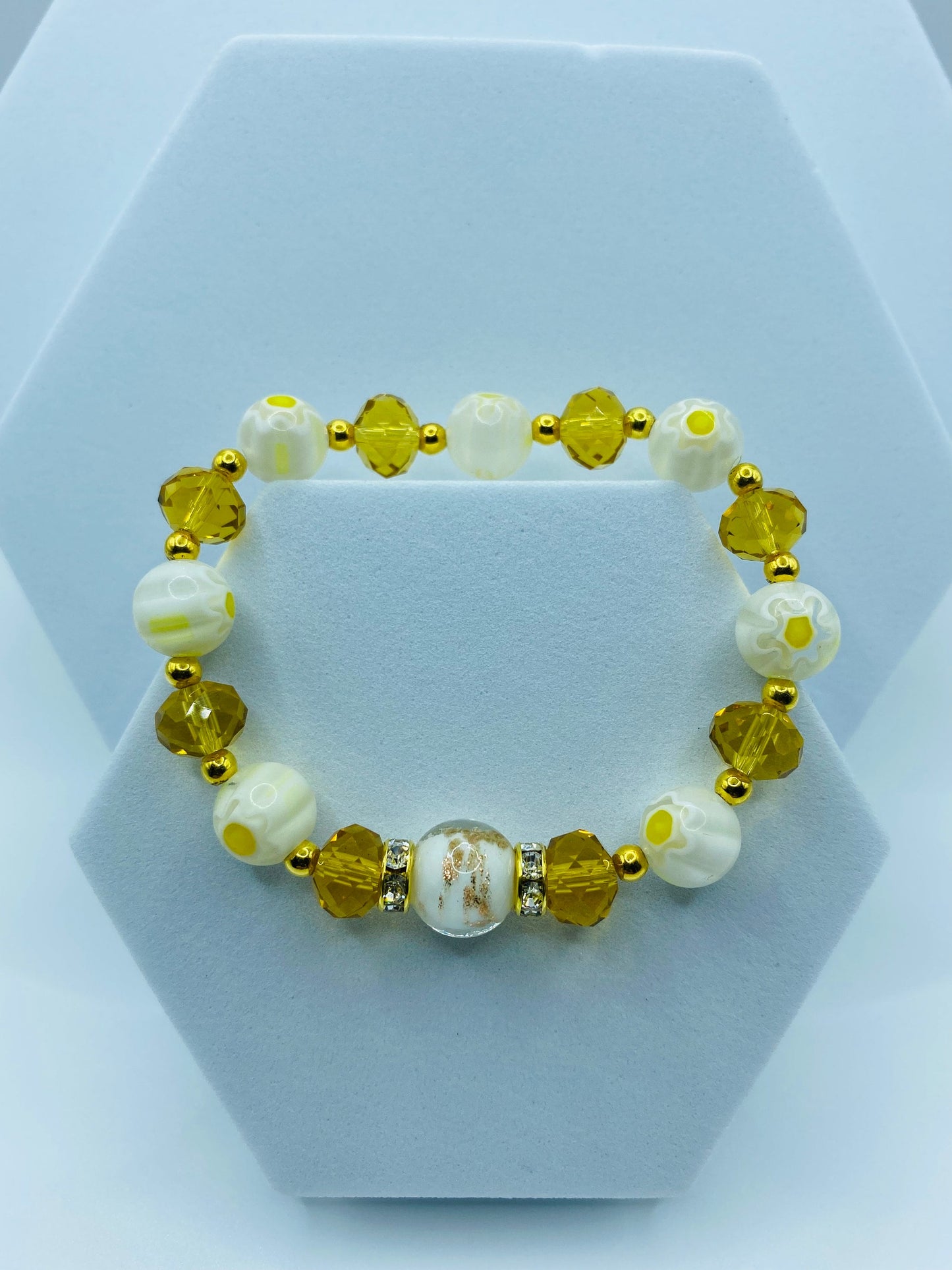 Lampwork Glass Bead Bracelet: Crystal & 18k Gold Hematite