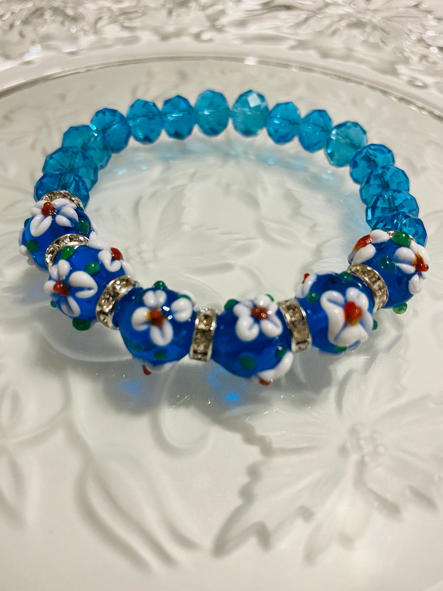 Blue Crystal Bracelet: Floral Lampwork Glass Beads, Rhinestone Rondelles