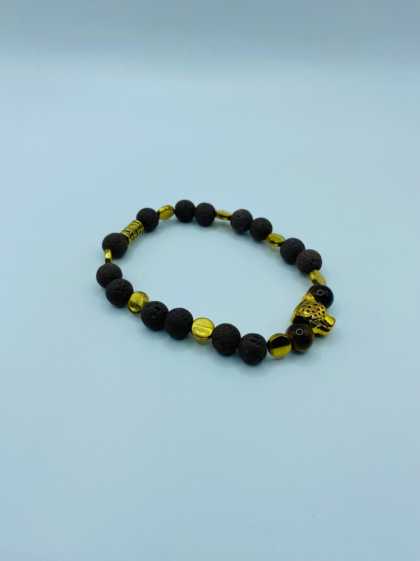 Lava Rock Bracelet: Leopard Charm, Tiger's Eye Beads, Handmade