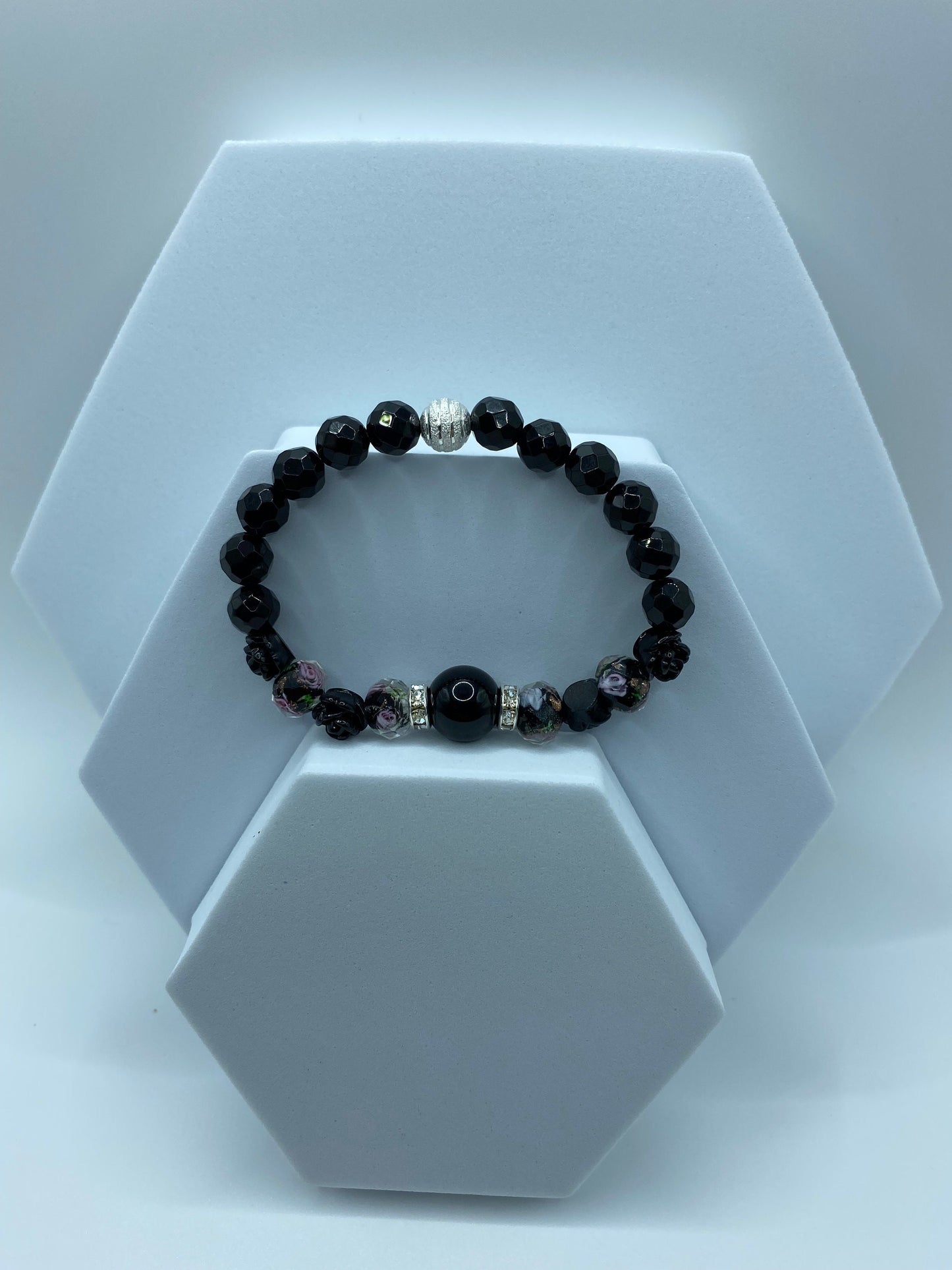 Black Onyx Bracelet: Lampwork Floral Glass Beads & Roses
