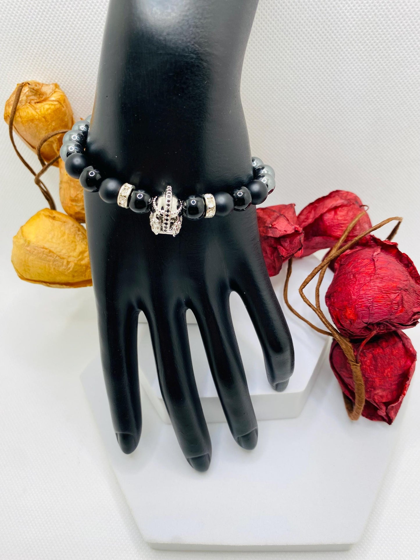 Mens Jewelry Silver Spartan Helmet Bracelet with black Onyx & Hematite Gemstone Beads - Medieval Jewelry