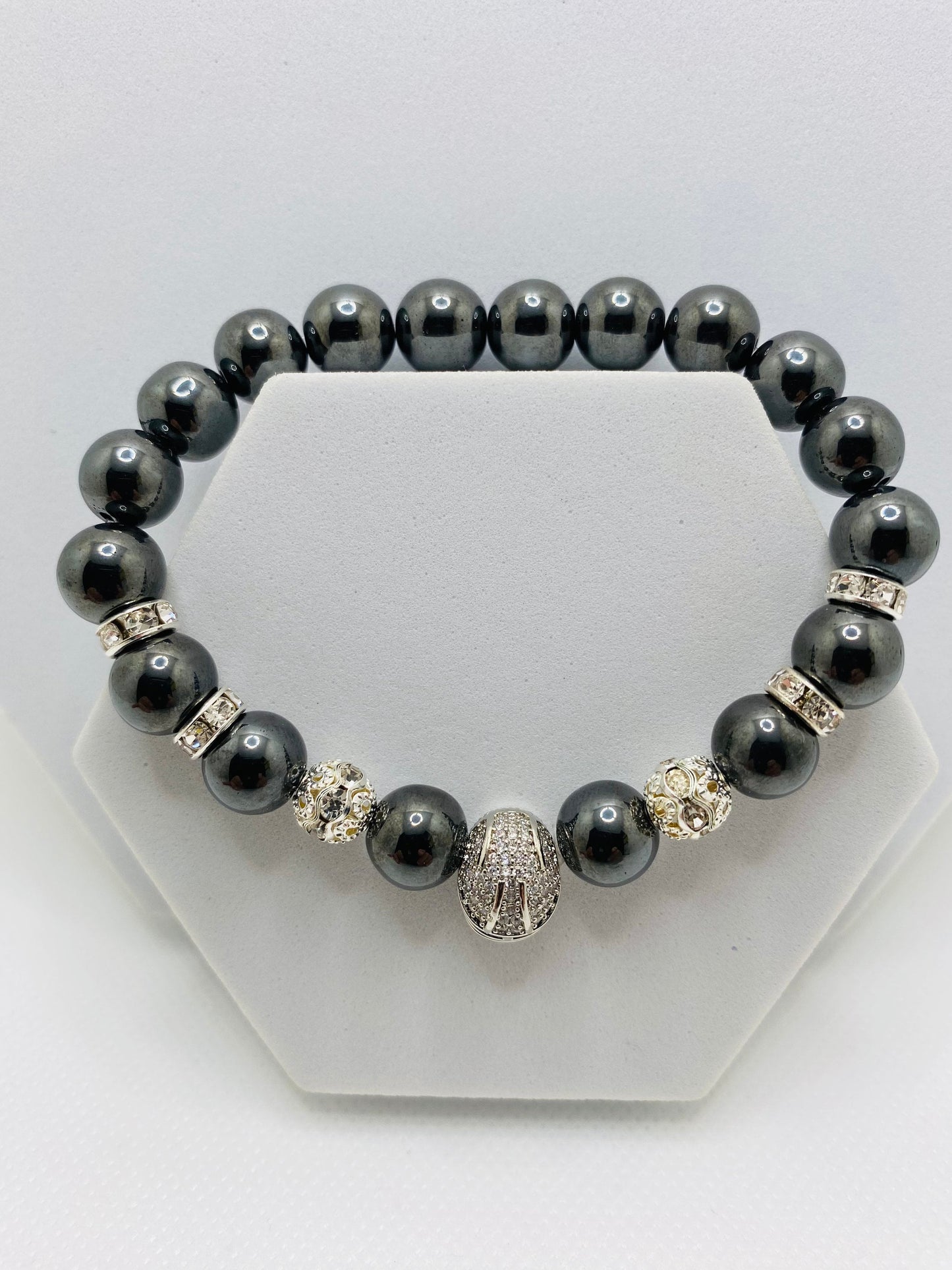 Las Vegas Raiders Hematite Bracelet: Silver Football Helmet, CZ Accents