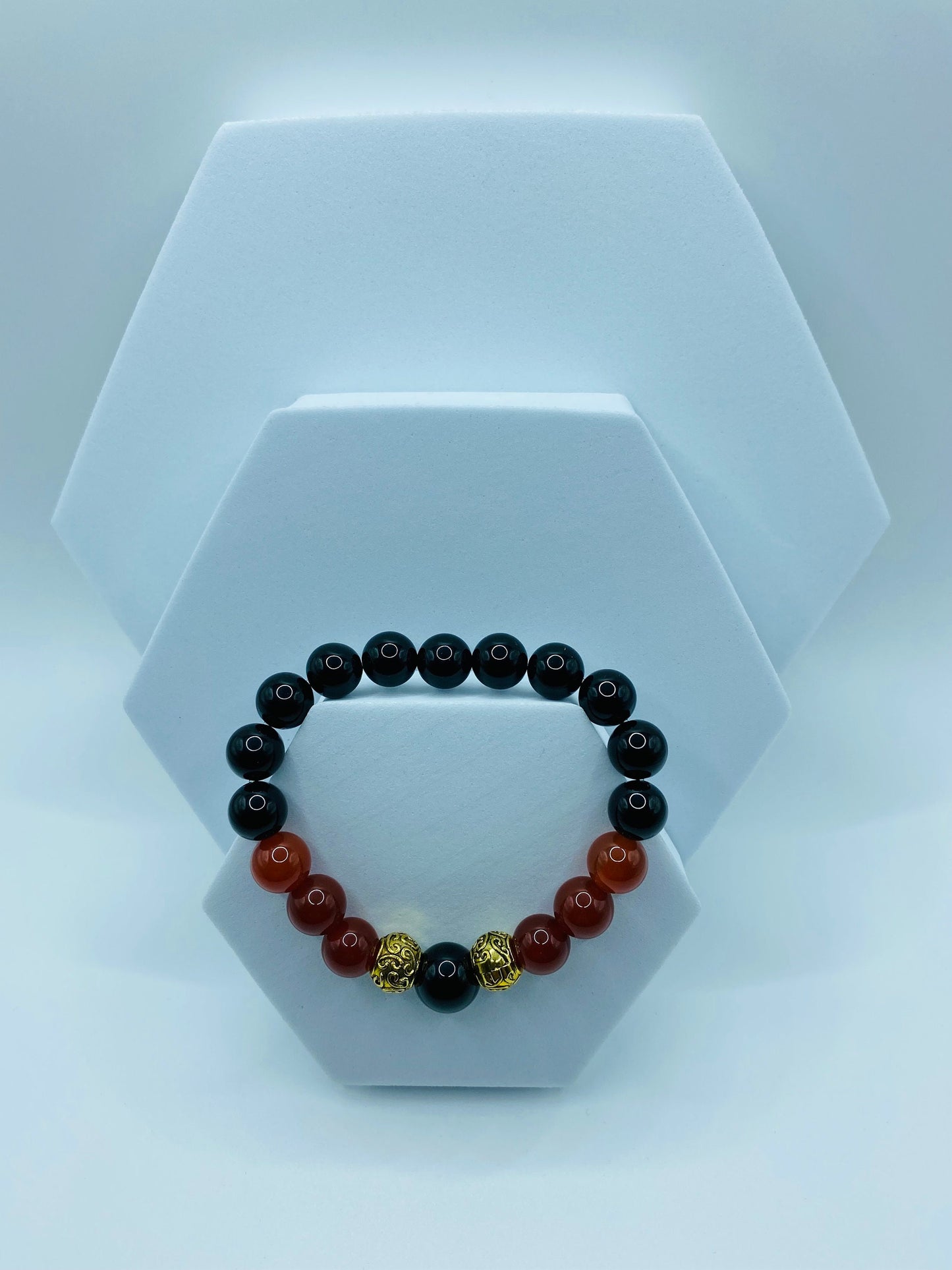 Black Onyx & Red Carnelian Beaded Bracelet - Tibetan Spacer Beads