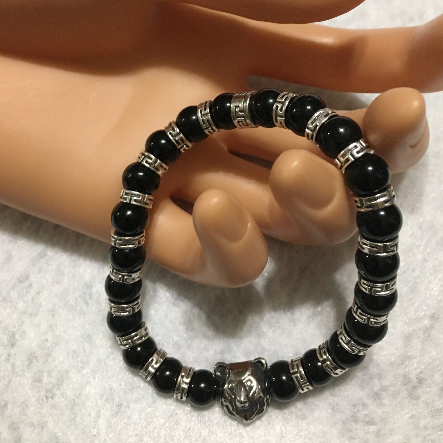 Chicago Bears Bracelet: Onyx Gemstone Beads, Stainless Steel Bear Charm