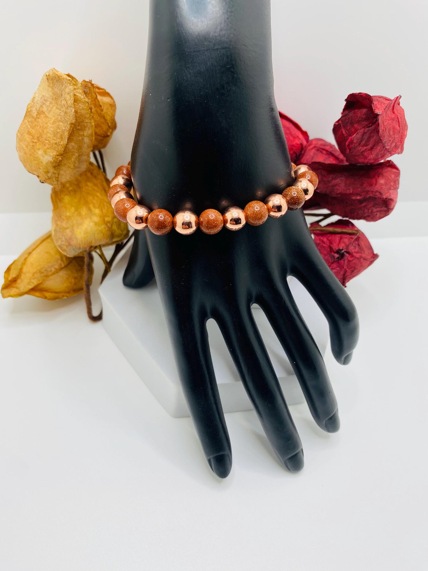 Rose Gold Hematite Bracelet: Natural Goldstone Gemstone Beads