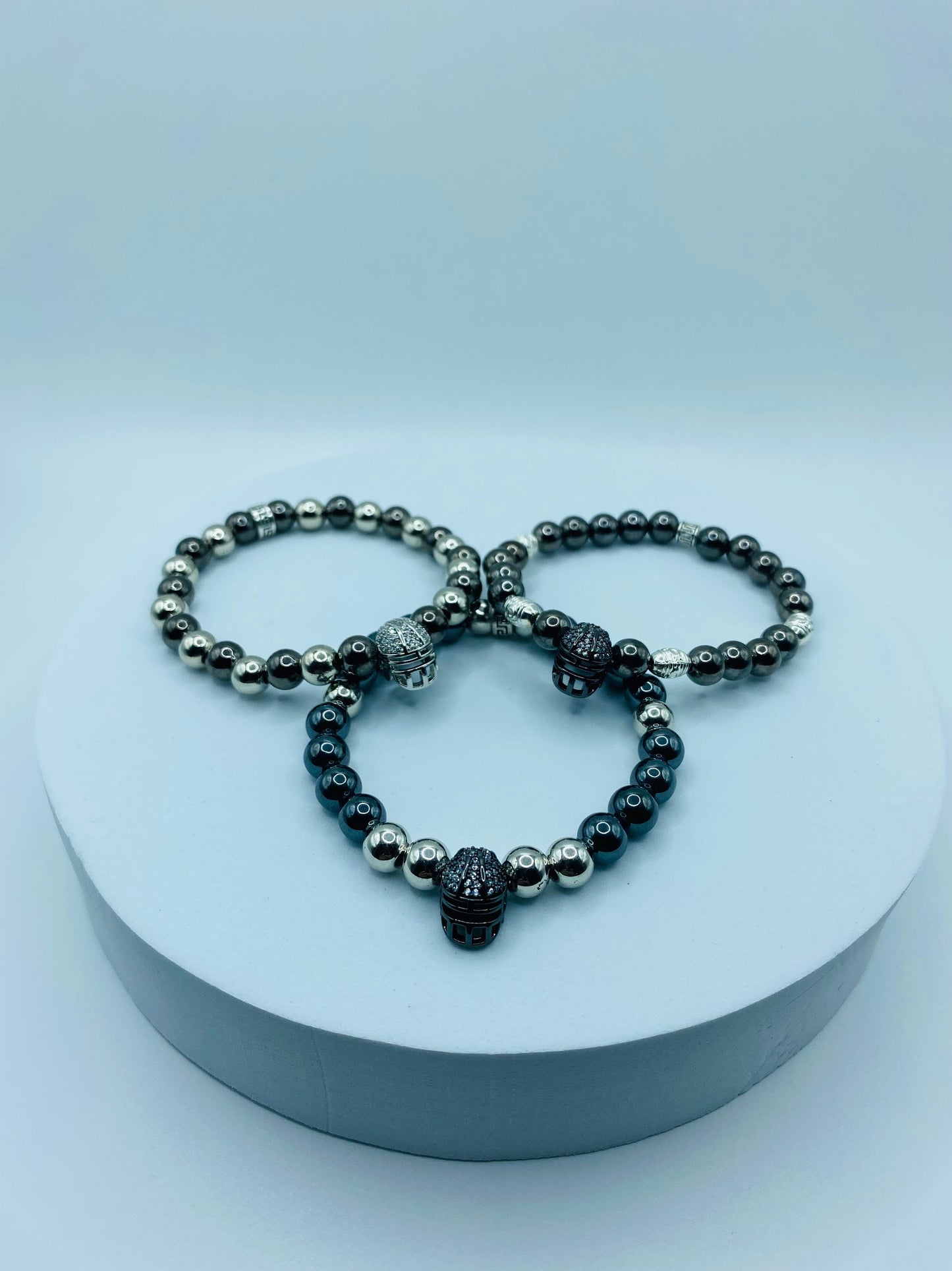 Las Vegas Raiders Mens Bracelet - Hematite Gemstone Beads and Football Helmet - Bracelets for Women