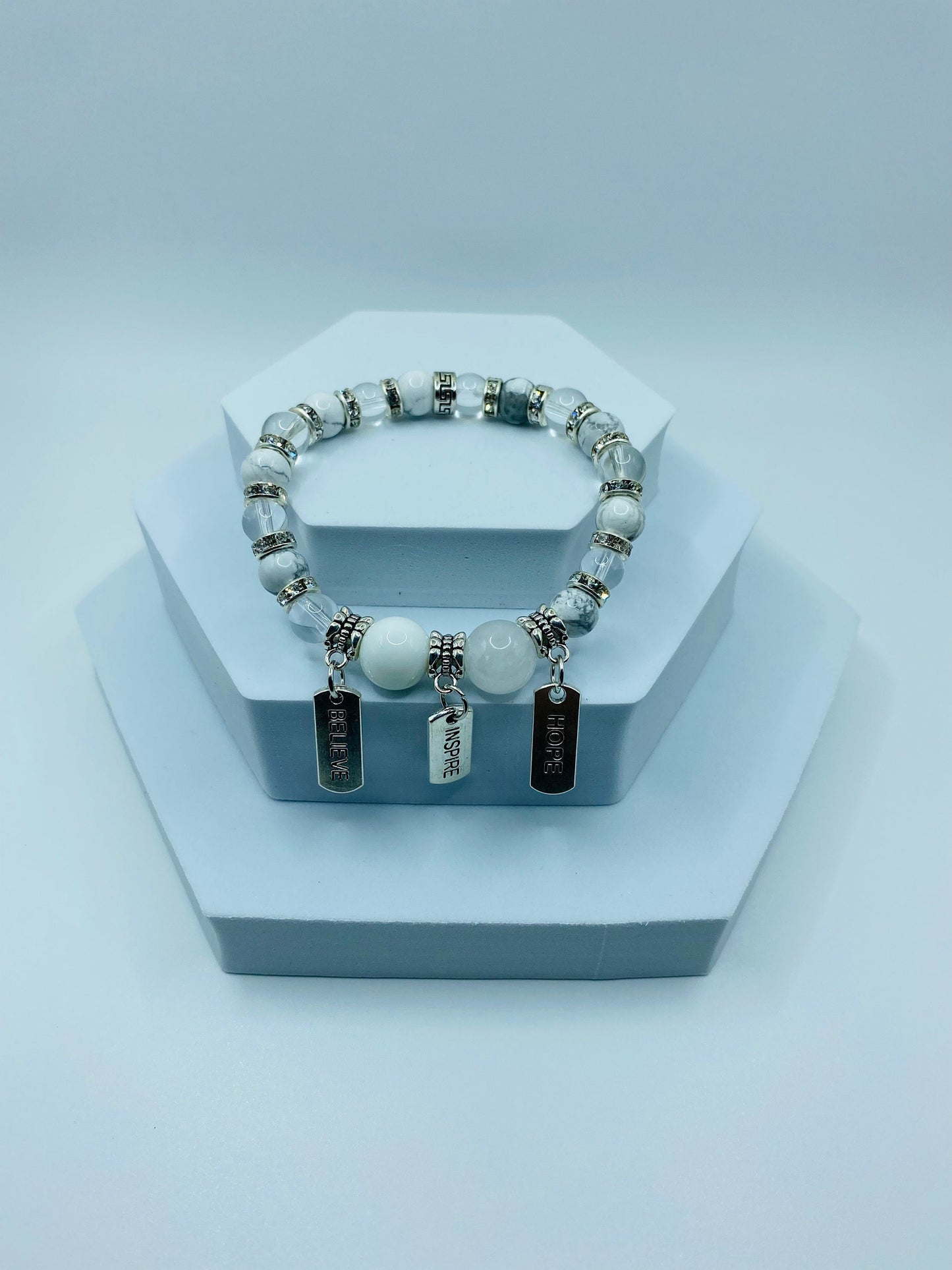 Inspirational Gemstone Bead Bracelet: Stainless Steel Word Charms