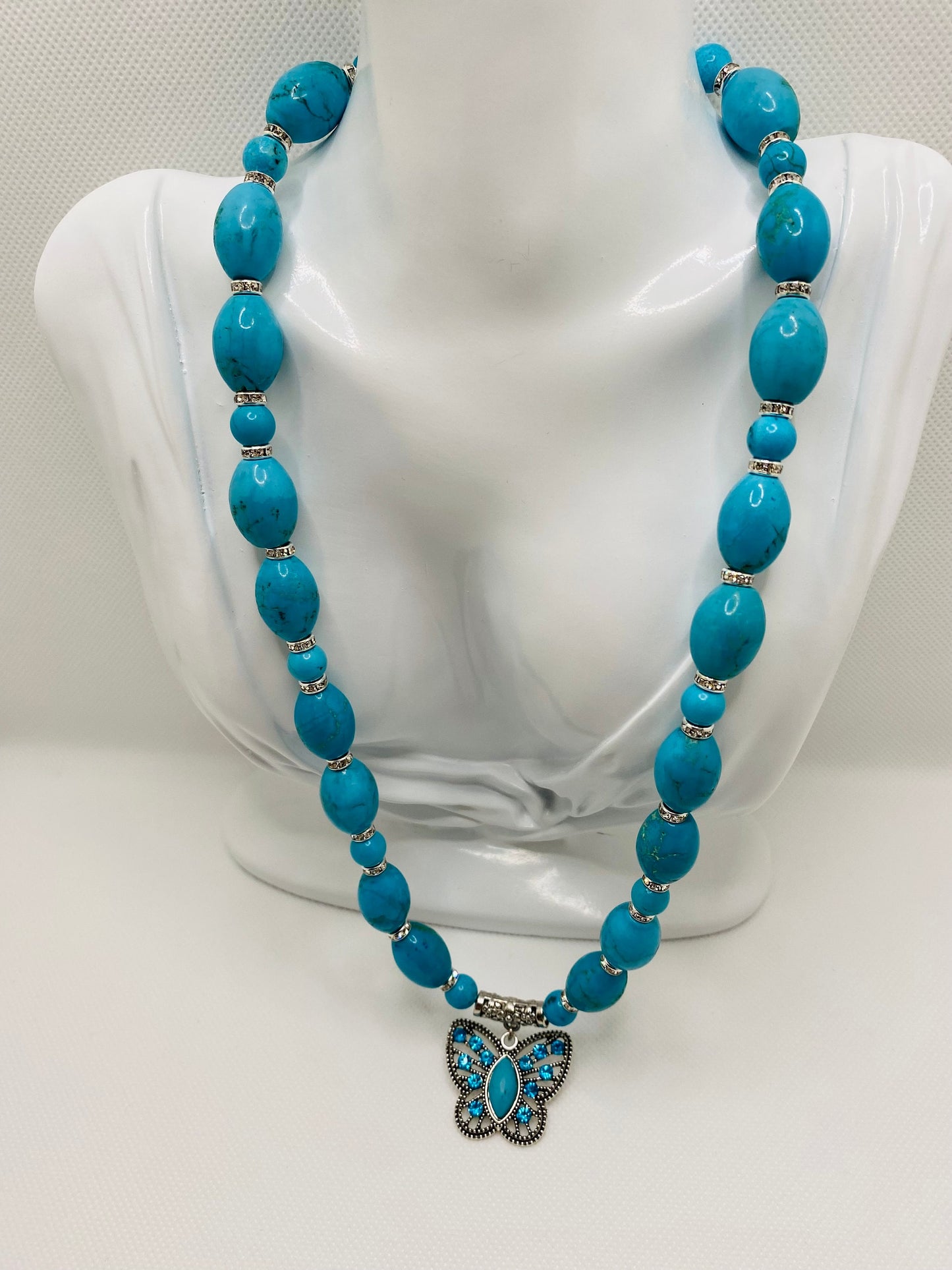 Turquoise Necklace: Butterfly Pendant, Rhinestone Accents