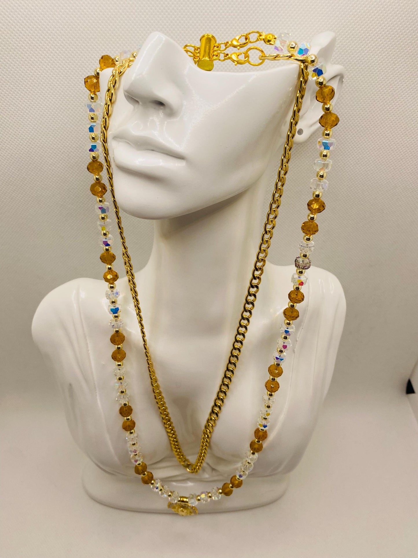 Virgin Mary Necklace: Gold Cuban Link Chain, Crystal Beads Religious Jewelry