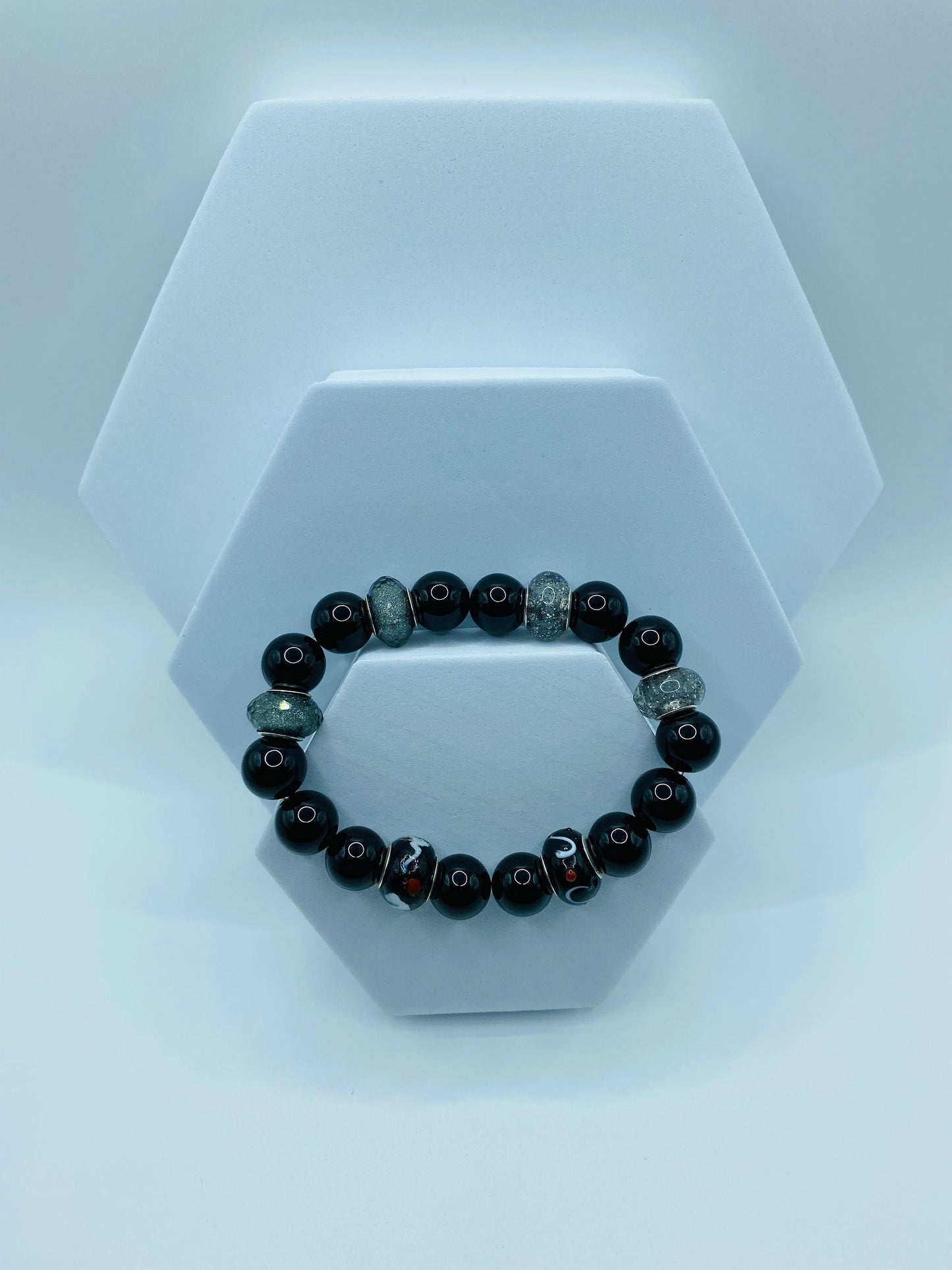 Black Onyx Bracelet: Murano Glass Beads, Chunky Gemstone Jewelry
